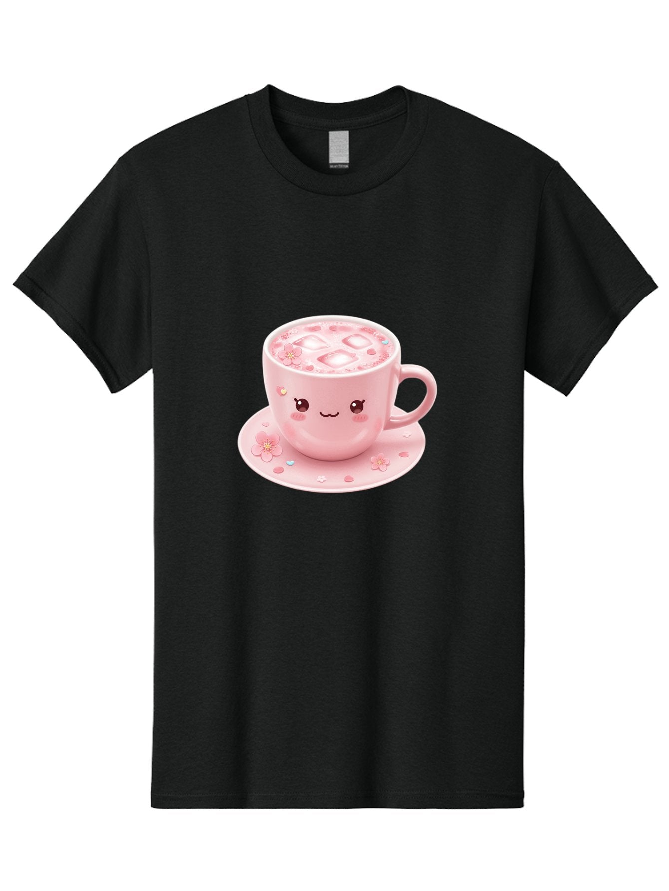 Kawaii-Coffee-Cup Men'S Graphic Tee, 100% Cotton, Comfortable Casual Summer Wear, Machine Washable, Pink Tea Cup, Cute Cartoon Face, Pink Flowers, Iced Tea, Coffee Cup, Adorable Design, Kawaii Style, Sweet Treats, Tea Time, Floral Pattern Bad245 5