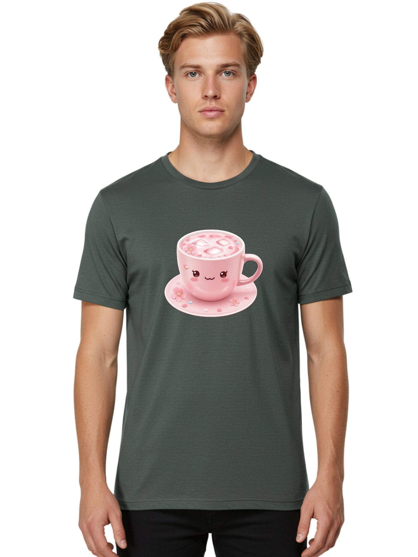 Kawaii-Coffee-Cup Men'S Graphic Tee, 100% Cotton, Comfortable Casual Summer Wear, Machine Washable, Pink Tea Cup, Cute Cartoon Face, Pink Flowers, Iced Tea, Coffee Cup, Adorable Design, Kawaii Style, Sweet Treats, Tea Time, Floral Pattern Bad245 19
