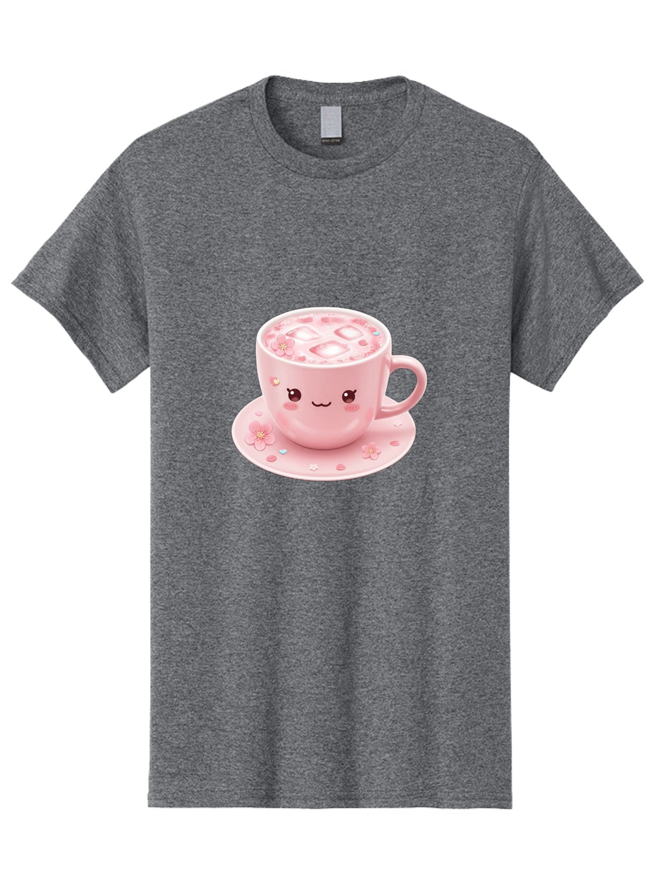 Kawaii-Coffee-Cup Men'S Graphic Tee, 100% Cotton, Comfortable Casual Summer Wear, Machine Washable, Pink Tea Cup, Cute Cartoon Face, Pink Flowers, Iced Tea, Coffee Cup, Adorable Design, Kawaii Style, Sweet Treats, Tea Time, Floral Pattern Bad245 7