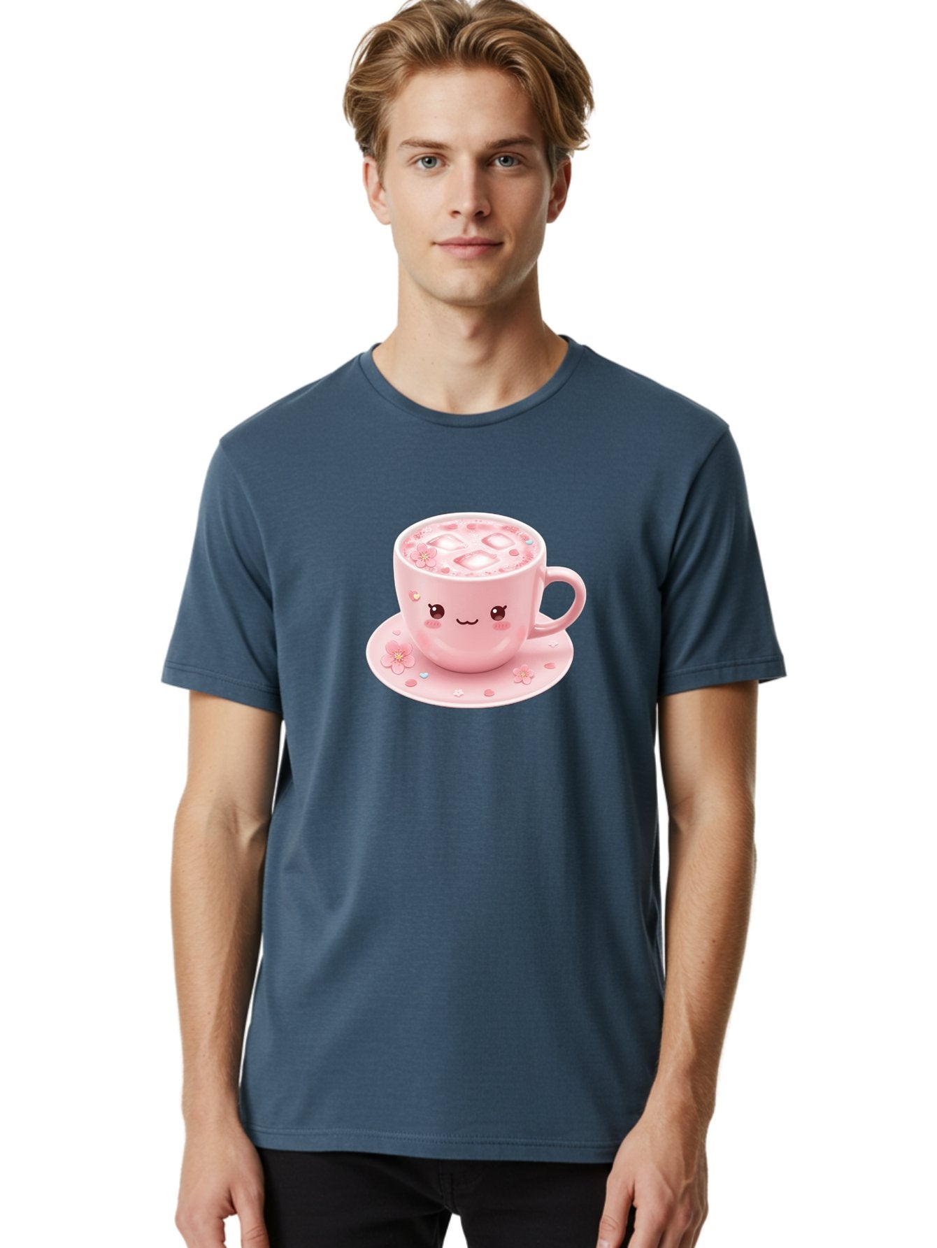 Kawaii-Coffee-Cup Men'S Graphic Tee, 100% Cotton, Comfortable Casual Summer Wear, Machine Washable, Pink Tea Cup, Cute Cartoon Face, Pink Flowers, Iced Tea, Coffee Cup, Adorable Design, Kawaii Style, Sweet Treats, Tea Time, Floral Pattern Bad245 27