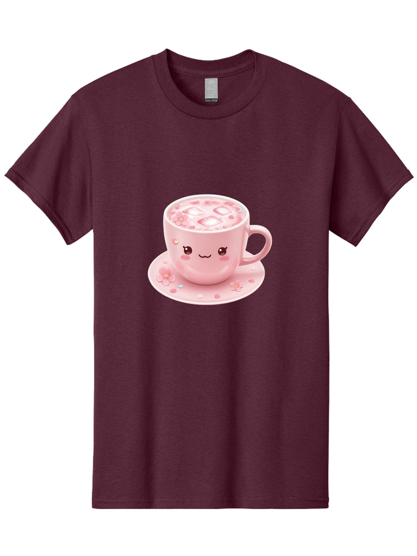 Kawaii-Coffee-Cup Men'S Graphic Tee, 100% Cotton, Comfortable Casual Summer Wear, Machine Washable, Pink Tea Cup, Cute Cartoon Face, Pink Flowers, Iced Tea, Coffee Cup, Adorable Design, Kawaii Style, Sweet Treats, Tea Time, Floral Pattern Bad245 8