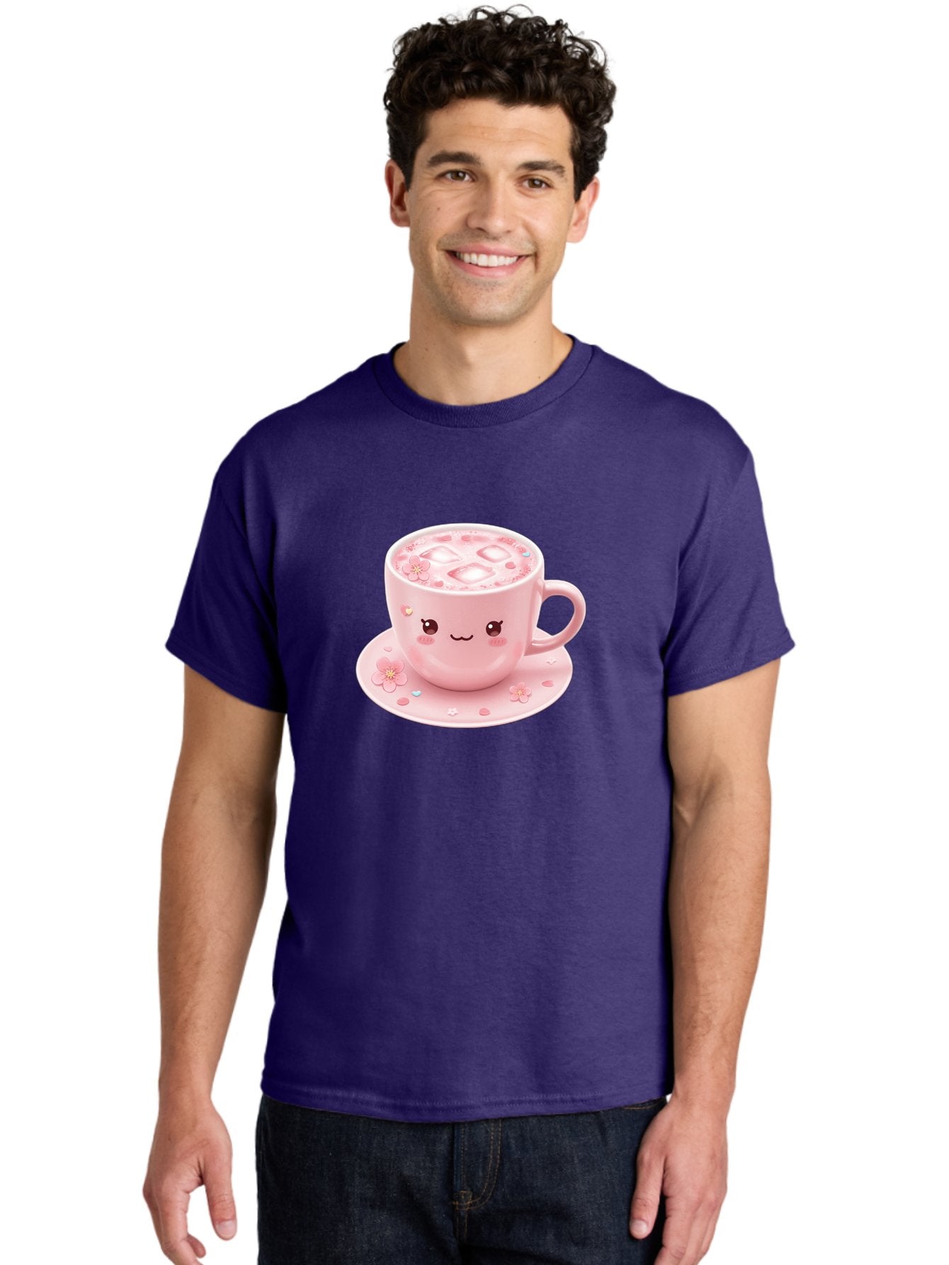 Kawaii-Coffee-Cup Men'S Graphic Tee, 100% Cotton, Comfortable Casual Summer Wear, Machine Washable, Pink Tea Cup, Cute Cartoon Face, Pink Flowers, Iced Tea, Coffee Cup, Adorable Design, Kawaii Style, Sweet Treats, Tea Time, Floral Pattern Bad245 21