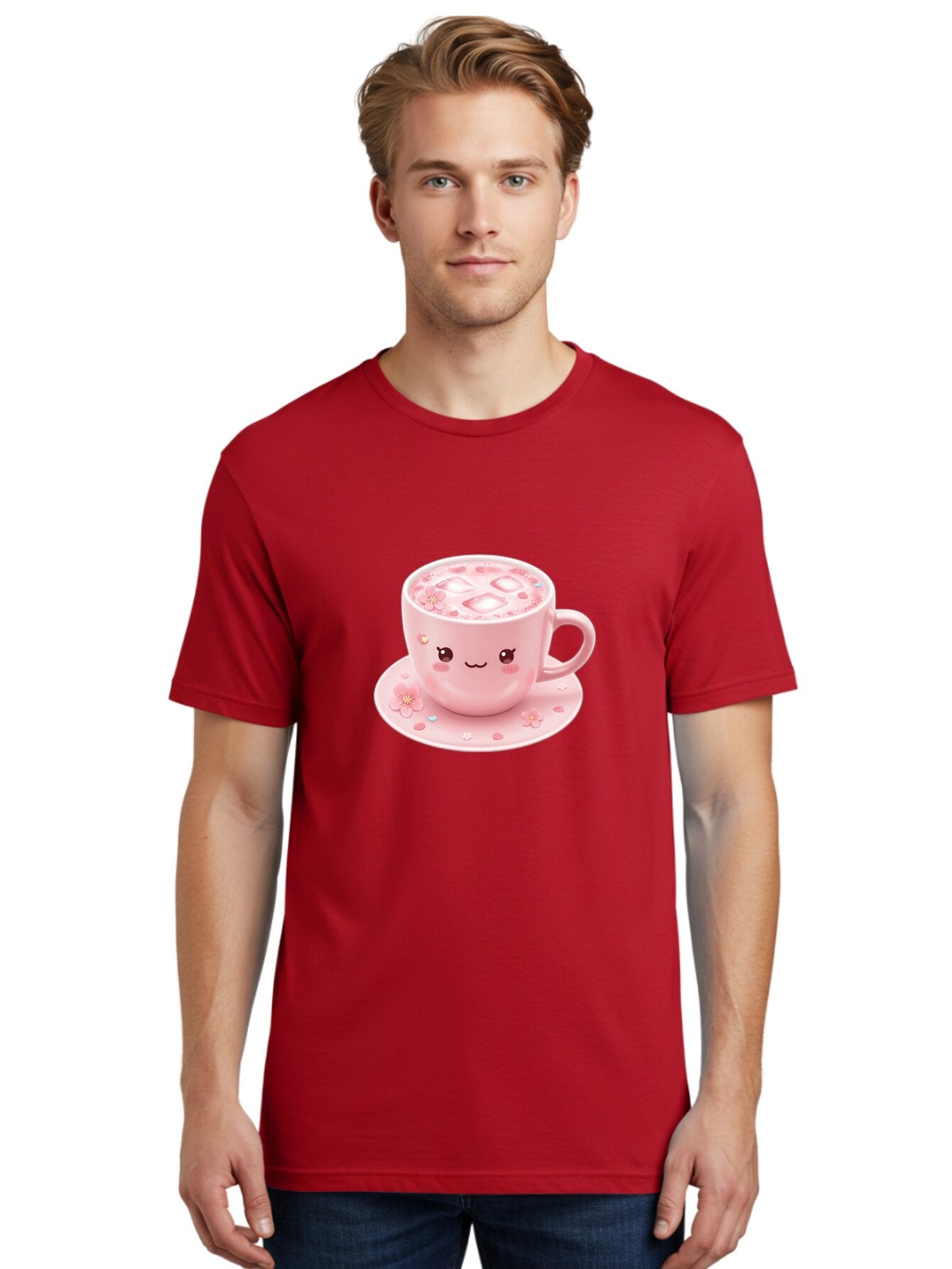 Kawaii-Coffee-Cup Men'S Graphic Tee, 100% Cotton, Comfortable Casual Summer Wear, Machine Washable, Pink Tea Cup, Cute Cartoon Face, Pink Flowers, Iced Tea, Coffee Cup, Adorable Design, Kawaii Style, Sweet Treats, Tea Time, Floral Pattern Bad245 17