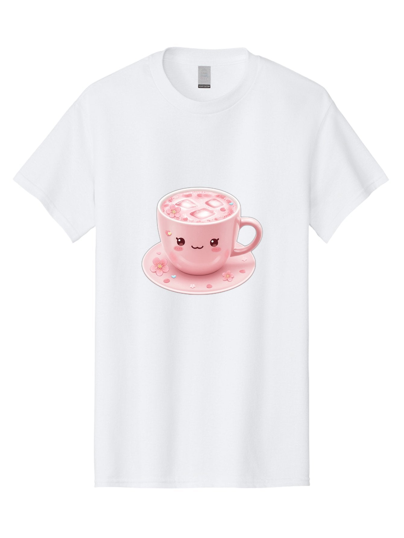 Kawaii-Coffee-Cup Men'S Graphic Tee, 100% Cotton, Comfortable Casual Summer Wear, Machine Washable, Pink Tea Cup, Cute Cartoon Face, Pink Flowers, Iced Tea, Coffee Cup, Adorable Design, Kawaii Style, Sweet Treats, Tea Time, Floral Pattern Bad245 3