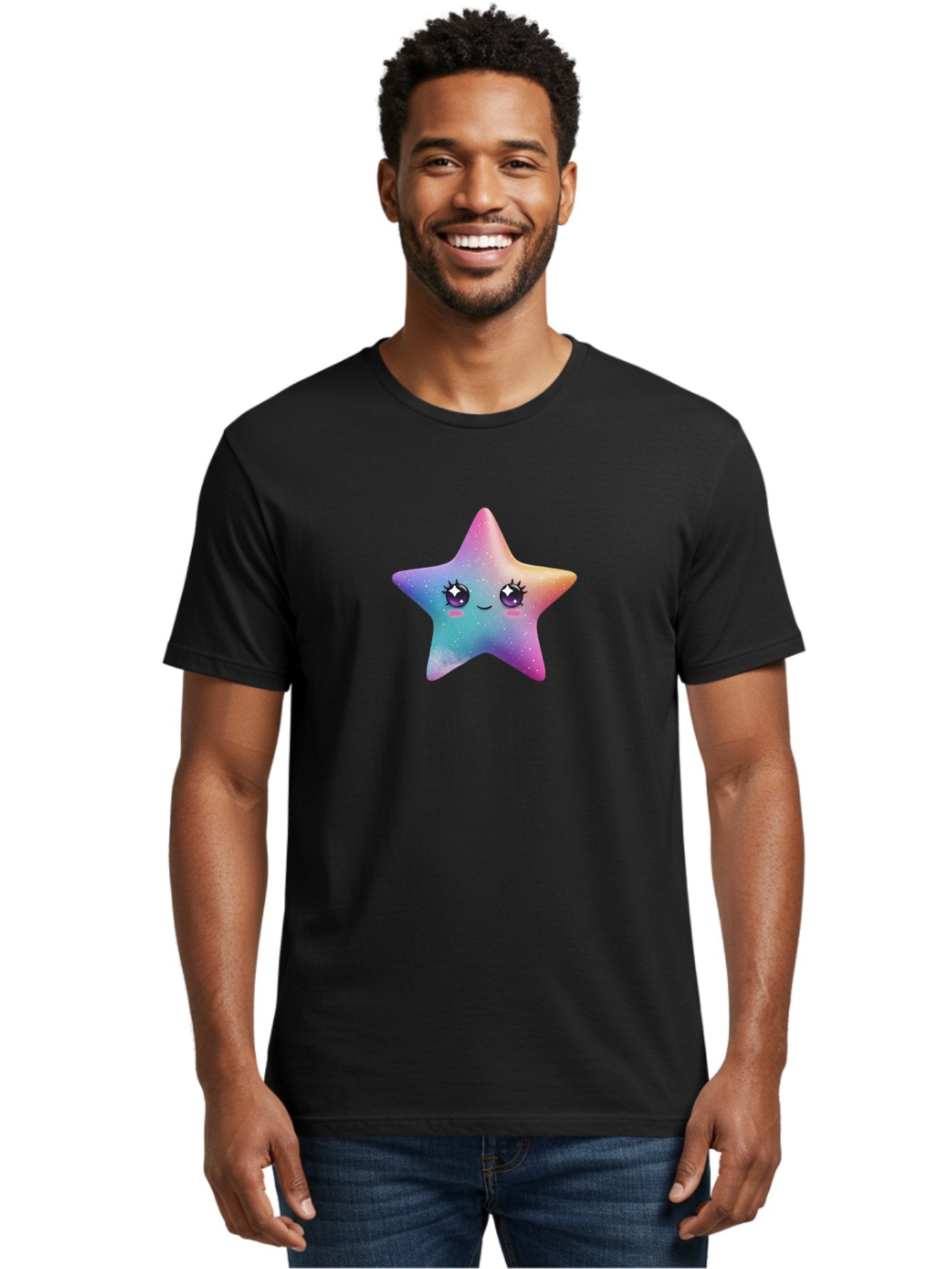 Kawaii-Star Men'S Graphic Tee, 100% Cotton, Comfortable Casual Summer Wear, Machine Washable, Cute Star, Cartoon Character, Pastel Colors, Sparkles And Shine, Positive Vibes, Magical Expression, Feminine Charm, Whimsical Design, Magical, Bad250 20