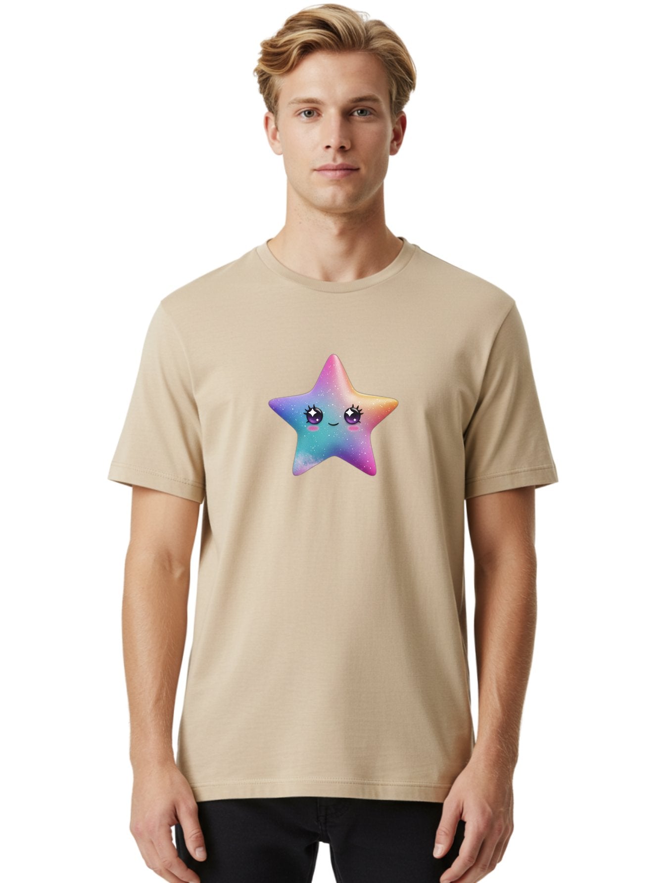 Kawaii-Star Men'S Graphic Tee, 100% Cotton, Comfortable Casual Summer Wear, Machine Washable, Cute Star, Cartoon Character, Pastel Colors, Sparkles And Shine, Positive Vibes, Magical Expression, Feminine Charm, Whimsical Design, Magical, Bad250 25