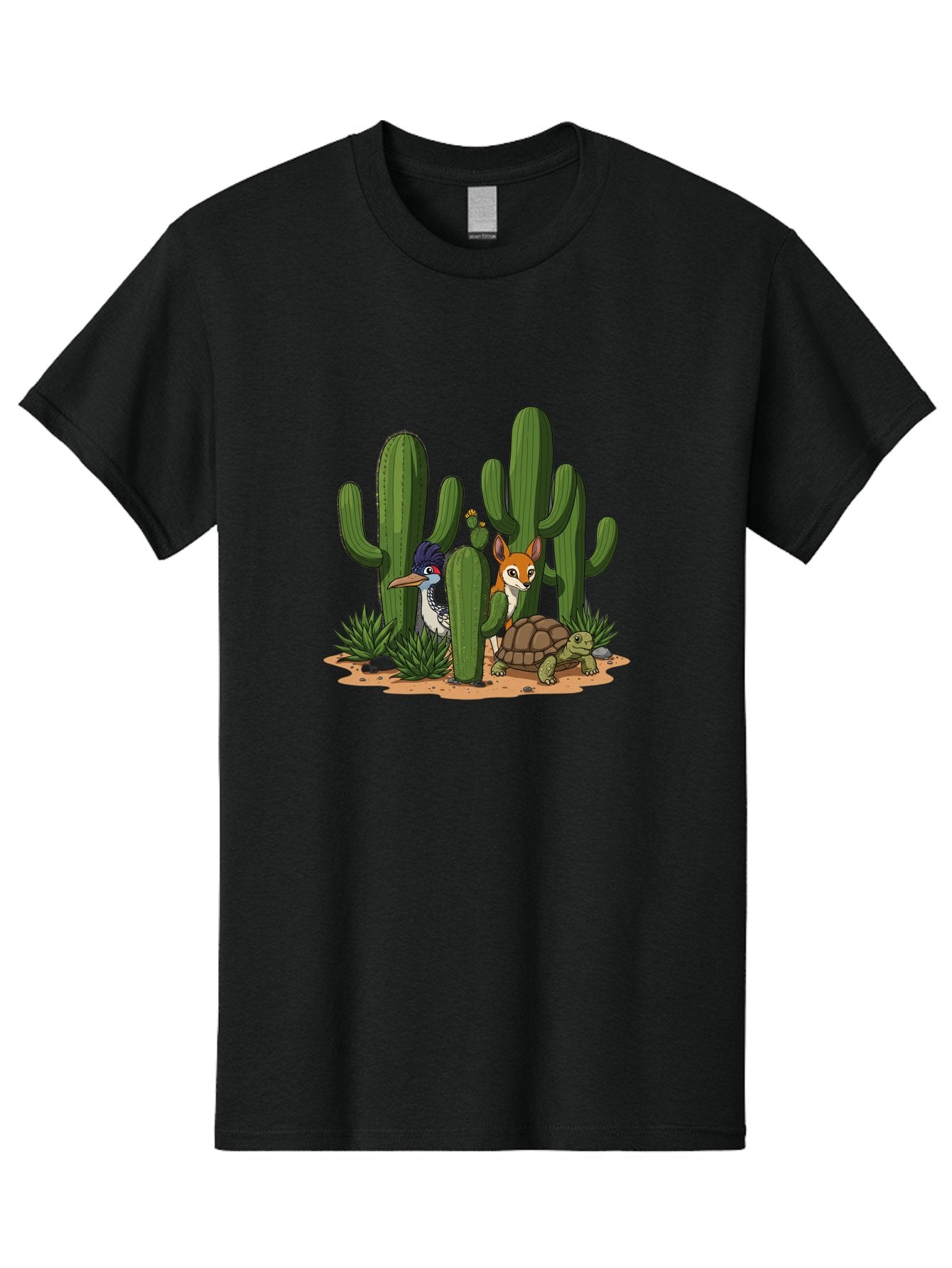 Kingfisher-Fennec-Fox-And-Turtle Men'S Graphic Tee, 100% Cotton, Comfortable Casual Summer Wear, Machine Washable, Cartoon Animals, Desert Wildlife, Cacti, Kingfisher Bird, Fennec Fox, Turtle, Desert Landscape, Wildlife Illustration, Bad252 7