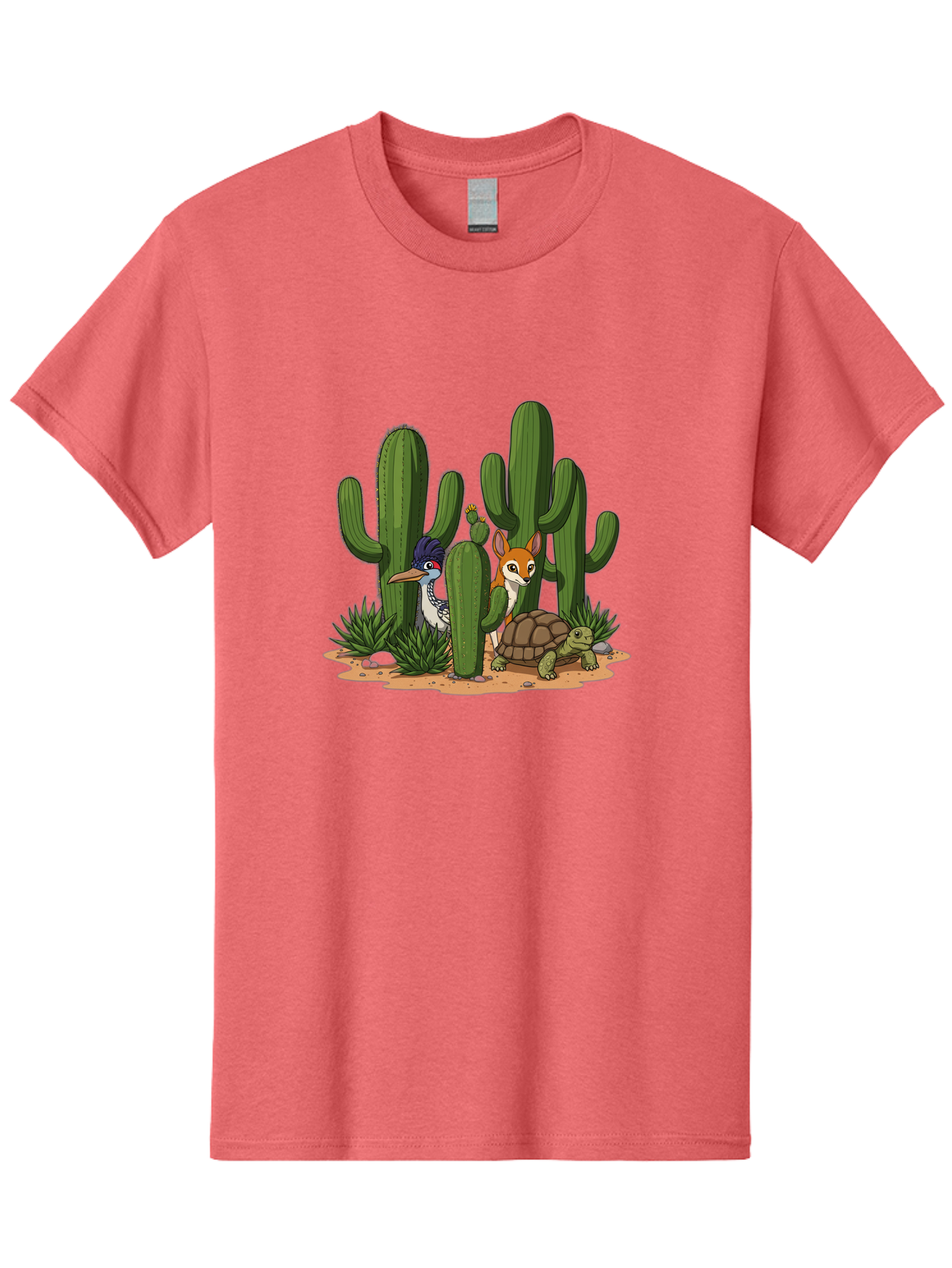 Kingfisher-Fennec-Fox-And-Turtle Men'S Graphic Tee, 100% Cotton, Comfortable Casual Summer Wear, Machine Washable, Cartoon Animals, Desert Wildlife, Cacti, Kingfisher Bird, Fennec Fox, Turtle, Desert Landscape, Wildlife Illustration, Bad252 6