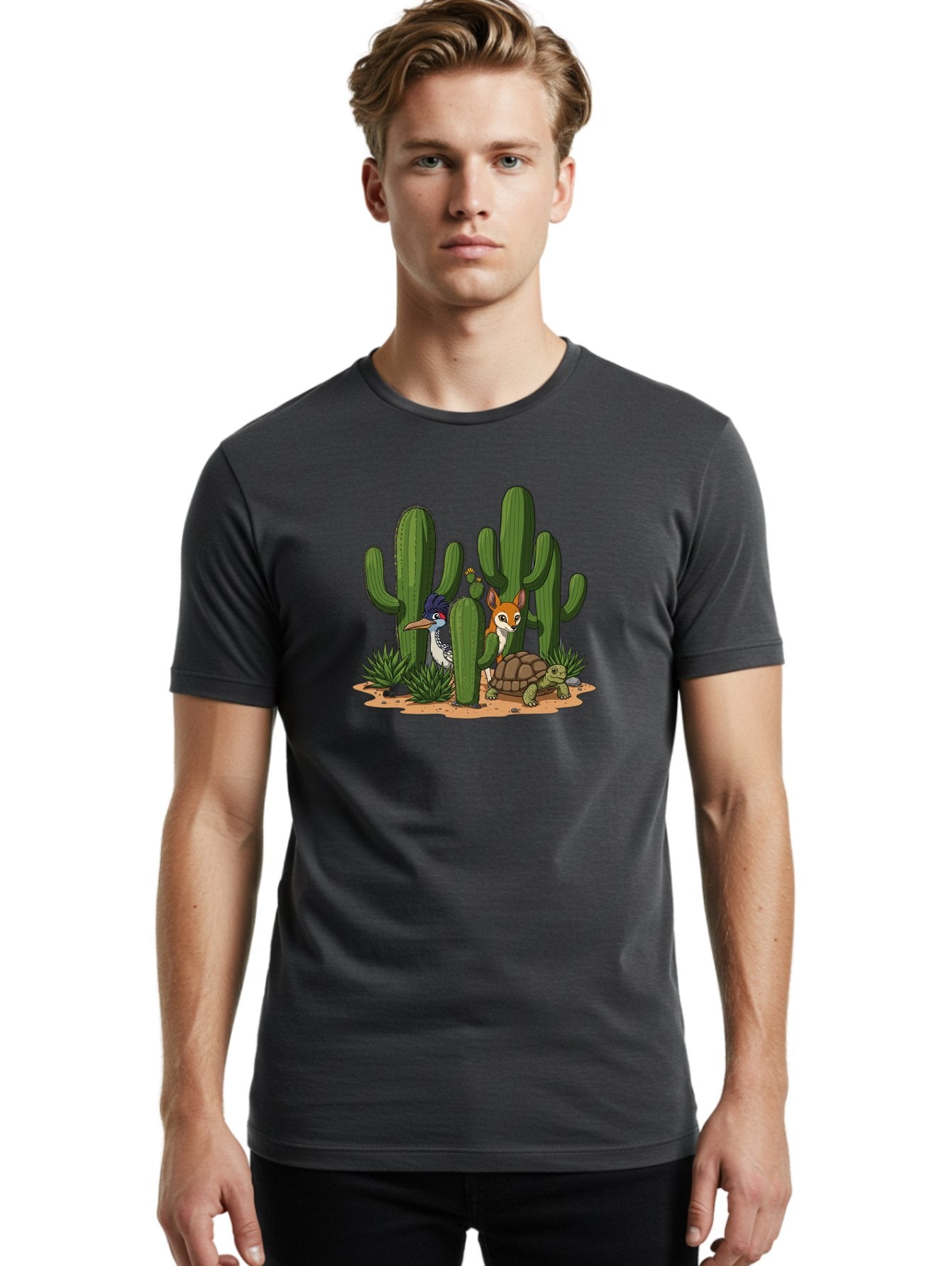 Kingfisher-Fennec-Fox-And-Turtle Men'S Graphic Tee, 100% Cotton, Comfortable Casual Summer Wear, Machine Washable, Cartoon Animals, Desert Wildlife, Cacti, Kingfisher Bird, Fennec Fox, Turtle, Desert Landscape, Wildlife Illustration, Bad252 27