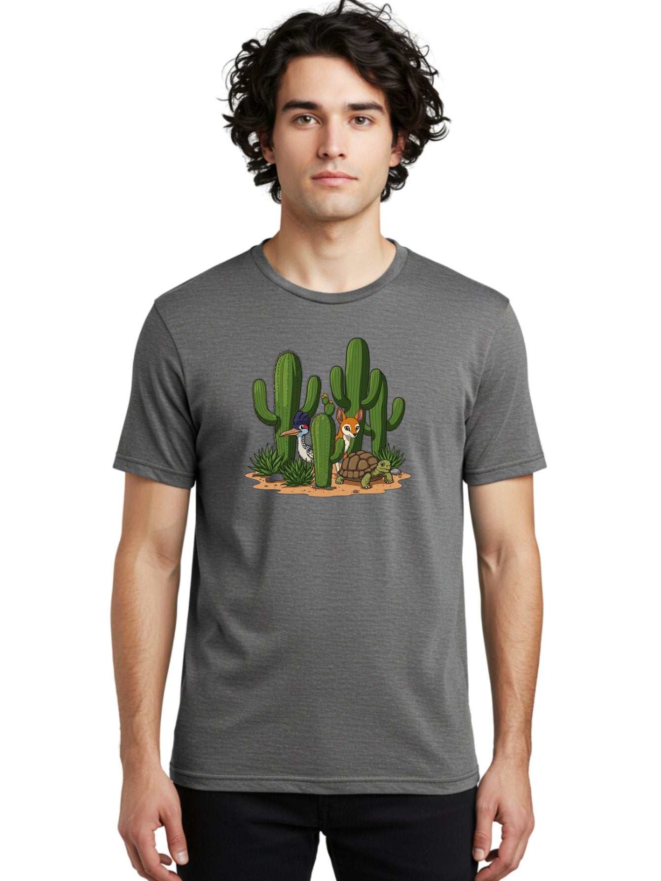 Kingfisher-Fennec-Fox-And-Turtle Men'S Graphic Tee, 100% Cotton, Comfortable Casual Summer Wear, Machine Washable, Cartoon Animals, Desert Wildlife, Cacti, Kingfisher Bird, Fennec Fox, Turtle, Desert Landscape, Wildlife Illustration, Bad252 26