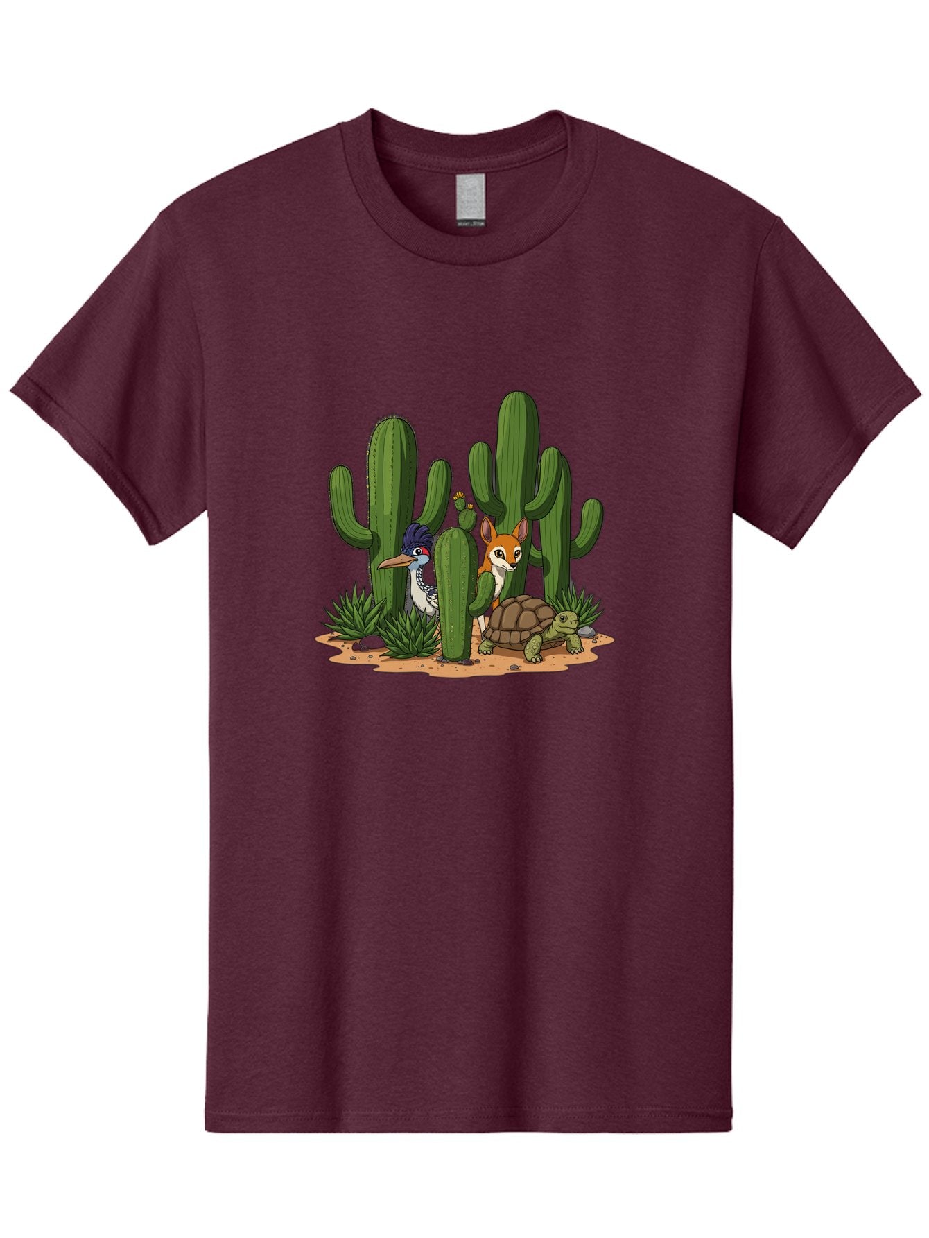 Kingfisher-Fennec-Fox-And-Turtle Men'S Graphic Tee, 100% Cotton, Comfortable Casual Summer Wear, Machine Washable, Cartoon Animals, Desert Wildlife, Cacti, Kingfisher Bird, Fennec Fox, Turtle, Desert Landscape, Wildlife Illustration, Bad252