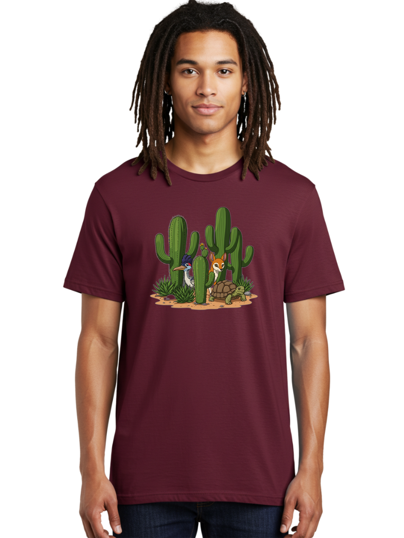 Kingfisher-Fennec-Fox-And-Turtle Men'S Graphic Tee, 100% Cotton, Comfortable Casual Summer Wear, Machine Washable, Cartoon Animals, Desert Wildlife, Cacti, Kingfisher Bird, Fennec Fox, Turtle, Desert Landscape, Wildlife Illustration, Bad252 26