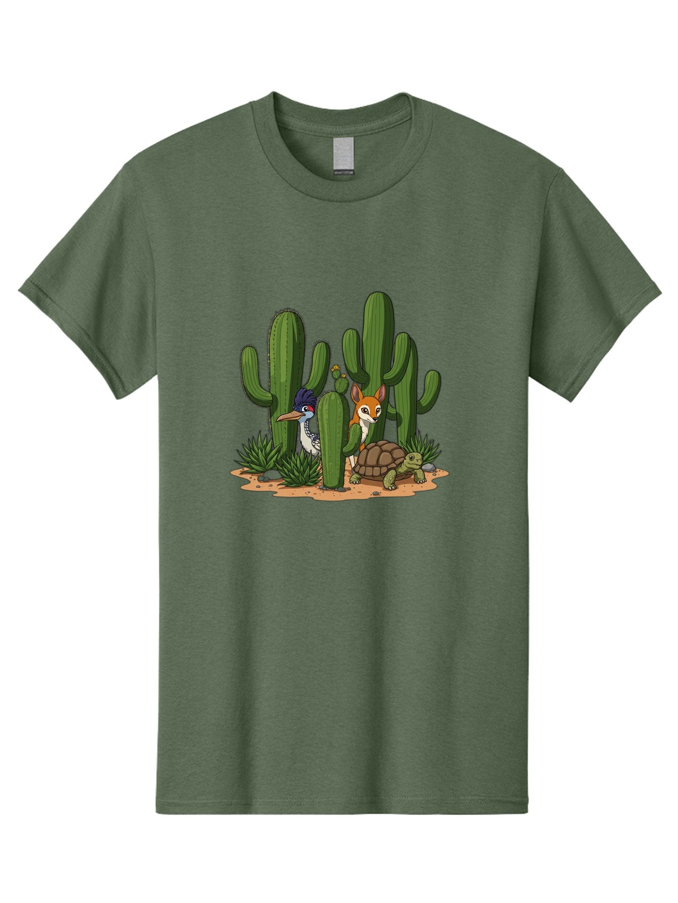 Kingfisher-Fennec-Fox-And-Turtle Men'S Graphic Tee, 100% Cotton, Comfortable Casual Summer Wear, Machine Washable, Cartoon Animals, Desert Wildlife, Cacti, Kingfisher Bird, Fennec Fox, Turtle, Desert Landscape, Wildlife Illustration, Bad252 15