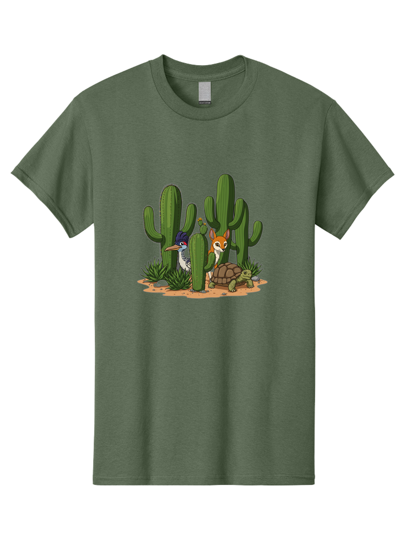 Kingfisher-Fennec-Fox-And-Turtle Men'S Graphic Tee, 100% Cotton, Comfortable Casual Summer Wear, Machine Washable, Cartoon Animals, Desert Wildlife, Cacti, Kingfisher Bird, Fennec Fox, Turtle, Desert Landscape, Wildlife Illustration, Bad252