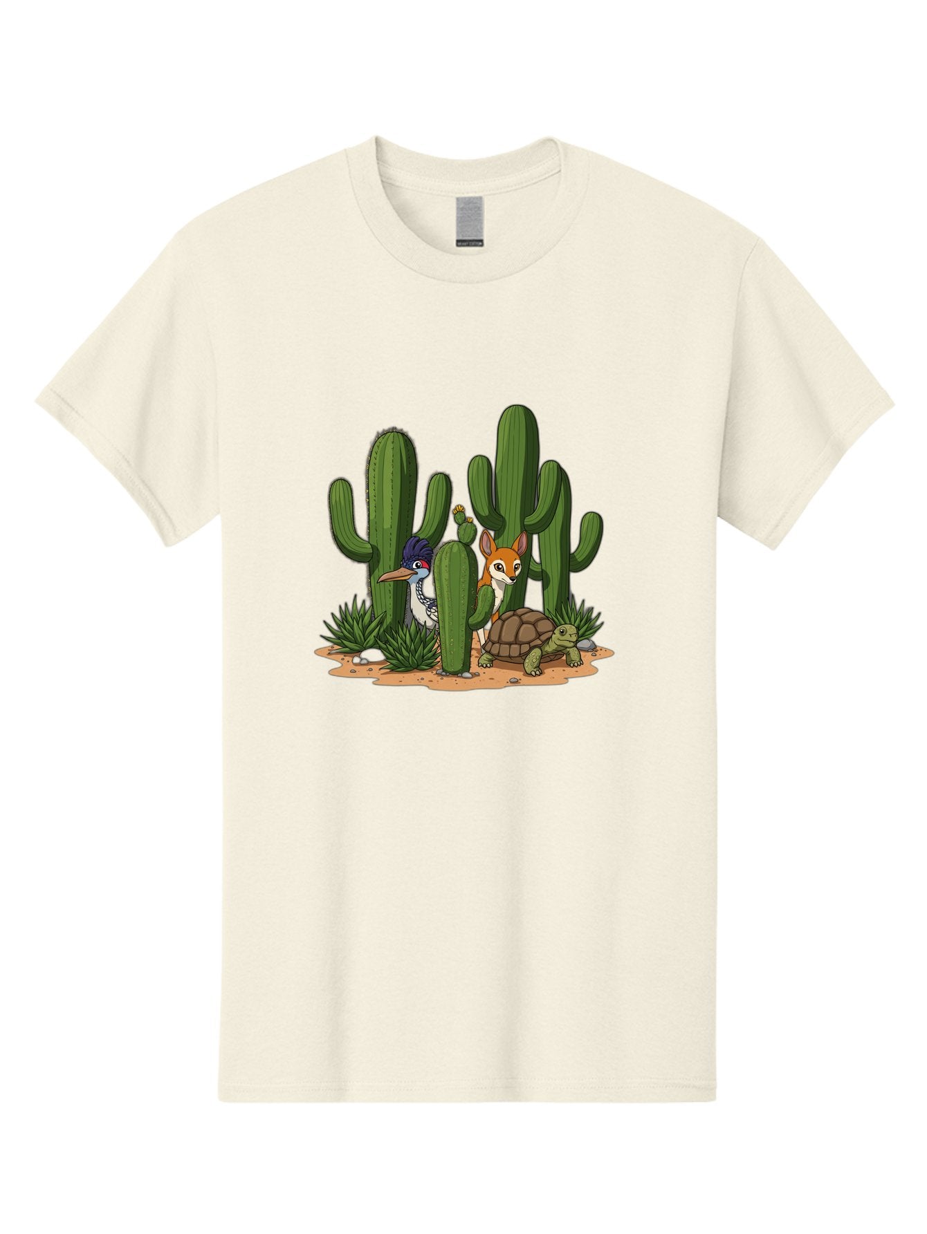 Kingfisher-Fennec-Fox-And-Turtle Men'S Graphic Tee, 100% Cotton, Comfortable Casual Summer Wear, Machine Washable, Cartoon Animals, Desert Wildlife, Cacti, Kingfisher Bird, Fennec Fox, Turtle, Desert Landscape, Wildlife Illustration, Bad252 10