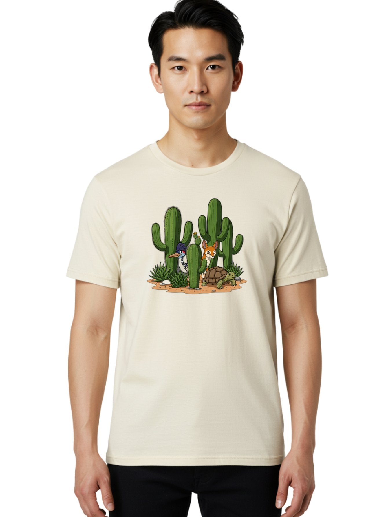 Kingfisher-Fennec-Fox-And-Turtle Men'S Graphic Tee, 100% Cotton, Comfortable Casual Summer Wear, Machine Washable, Cartoon Animals, Desert Wildlife, Cacti, Kingfisher Bird, Fennec Fox, Turtle, Desert Landscape, Wildlife Illustration, Bad252 17