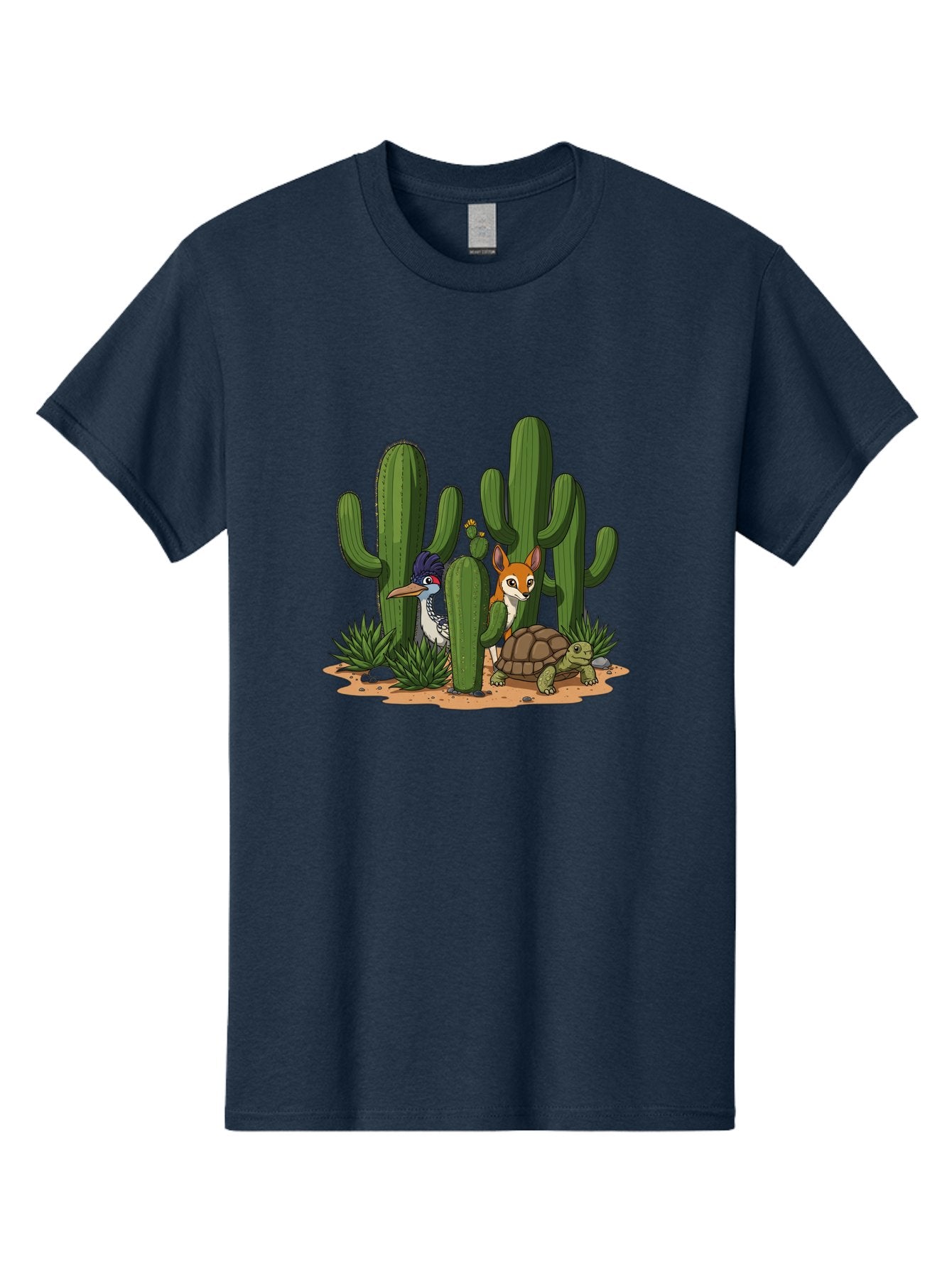 Kingfisher-Fennec-Fox-And-Turtle Men'S Graphic Tee, 100% Cotton, Comfortable Casual Summer Wear, Machine Washable, Cartoon Animals, Desert Wildlife, Cacti, Kingfisher Bird, Fennec Fox, Turtle, Desert Landscape, Wildlife Illustration, Bad252 4