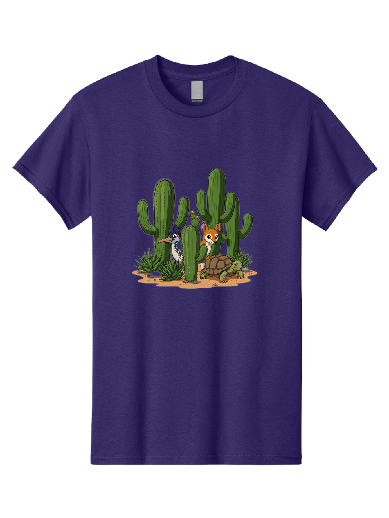 Kingfisher-Fennec-Fox-And-Turtle Men'S Graphic Tee, 100% Cotton, Comfortable Casual Summer Wear, Machine Washable, Cartoon Animals, Desert Wildlife, Cacti, Kingfisher Bird, Fennec Fox, Turtle, Desert Landscape, Wildlife Illustration, Bad252