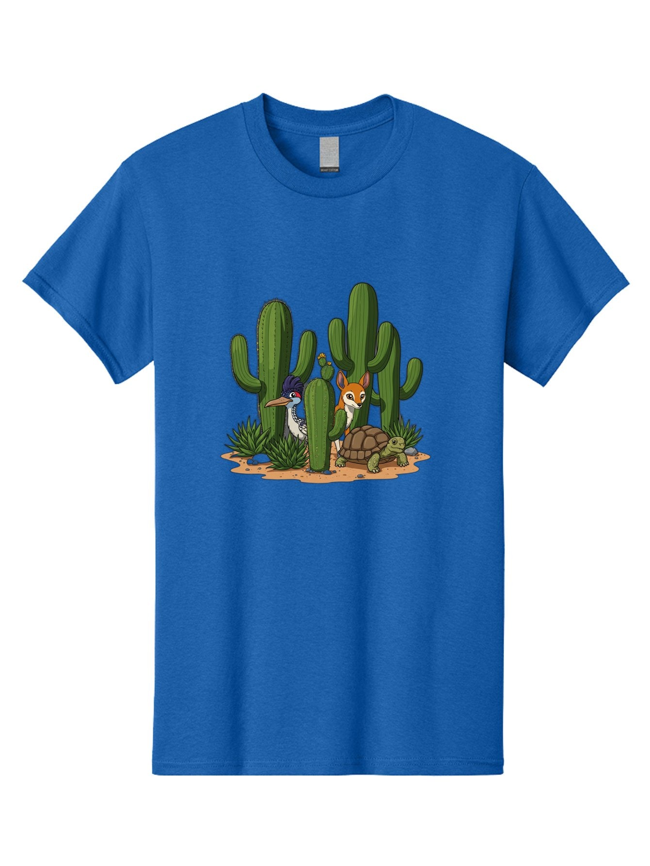 Kingfisher-Fennec-Fox-And-Turtle Men'S Graphic Tee, 100% Cotton, Comfortable Casual Summer Wear, Machine Washable, Cartoon Animals, Desert Wildlife, Cacti, Kingfisher Bird, Fennec Fox, Turtle, Desert Landscape, Wildlife Illustration, Bad252