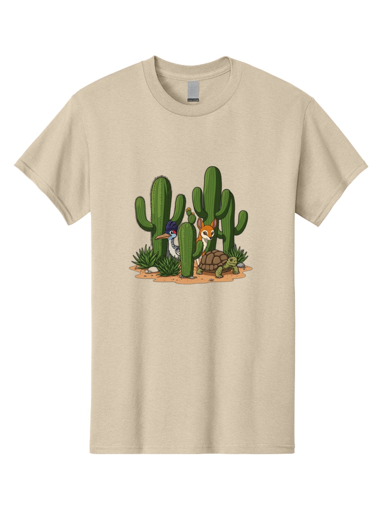 Kingfisher-Fennec-Fox-And-Turtle Men'S Graphic Tee, 100% Cotton, Comfortable Casual Summer Wear, Machine Washable, Cartoon Animals, Desert Wildlife, Cacti, Kingfisher Bird, Fennec Fox, Turtle, Desert Landscape, Wildlife Illustration, Bad252 3
