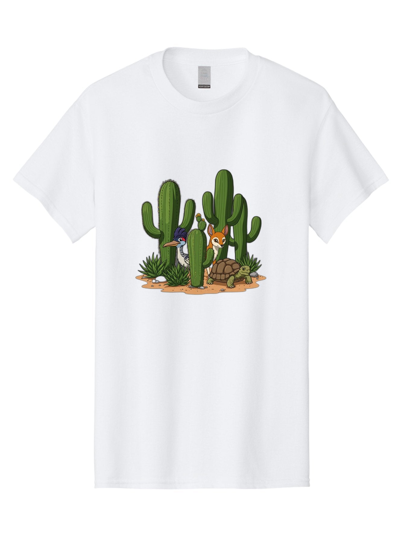 Kingfisher-Fennec-Fox-And-Turtle Men'S Graphic Tee, 100% Cotton, Comfortable Casual Summer Wear, Machine Washable, Cartoon Animals, Desert Wildlife, Cacti, Kingfisher Bird, Fennec Fox, Turtle, Desert Landscape, Wildlife Illustration, Bad252 12