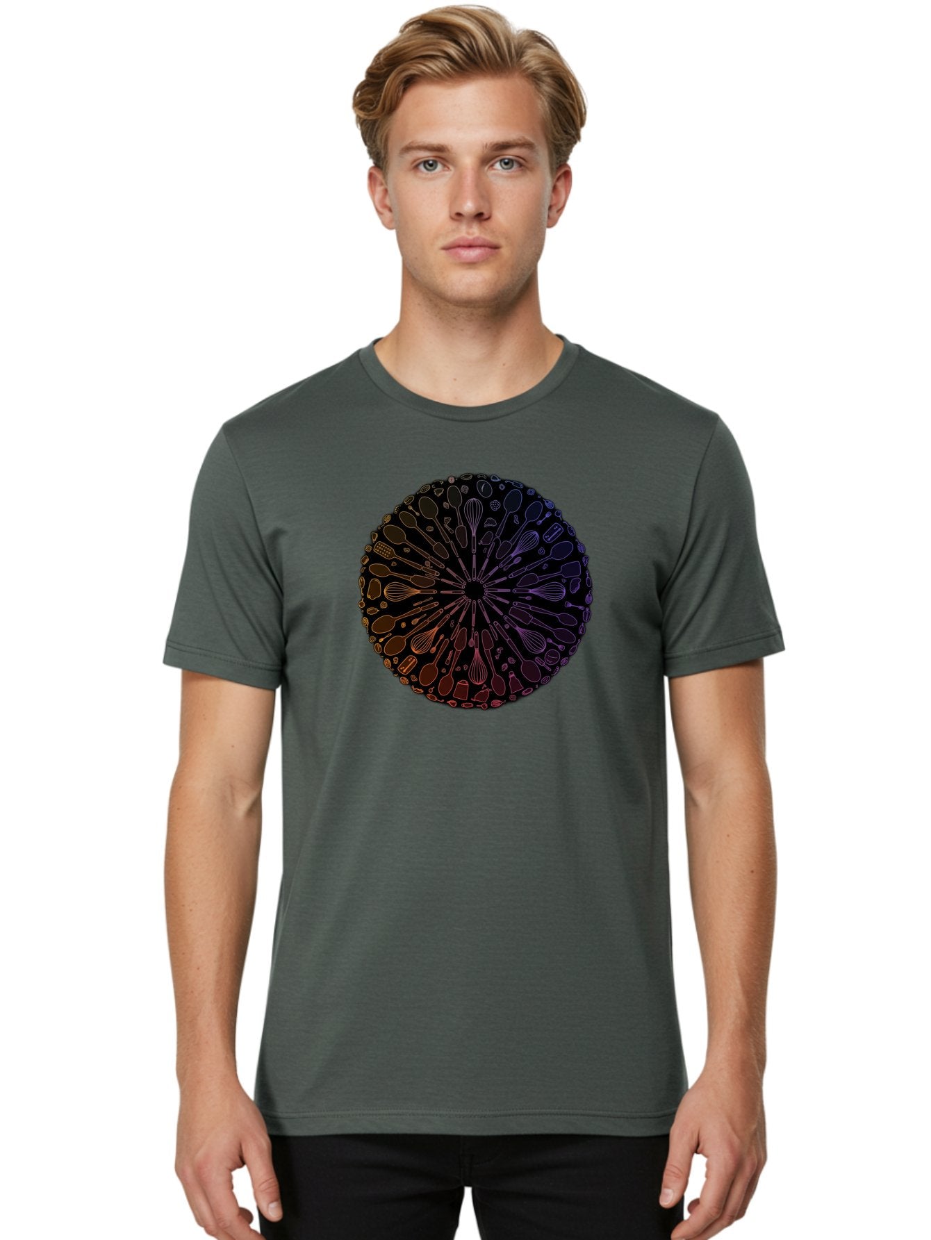 Kitchen-Utensils-Mandala Men'S Graphic Tee, 100% Cotton, Comfortable Casual Summer Wear, Machine Washable, Kitchen Utensils, Cooking Tools, Mandala Design, Colorful Gradient, Spoons, Whisks, Spatulas, Pastry Brushes, Food Preparation, Bad253 20