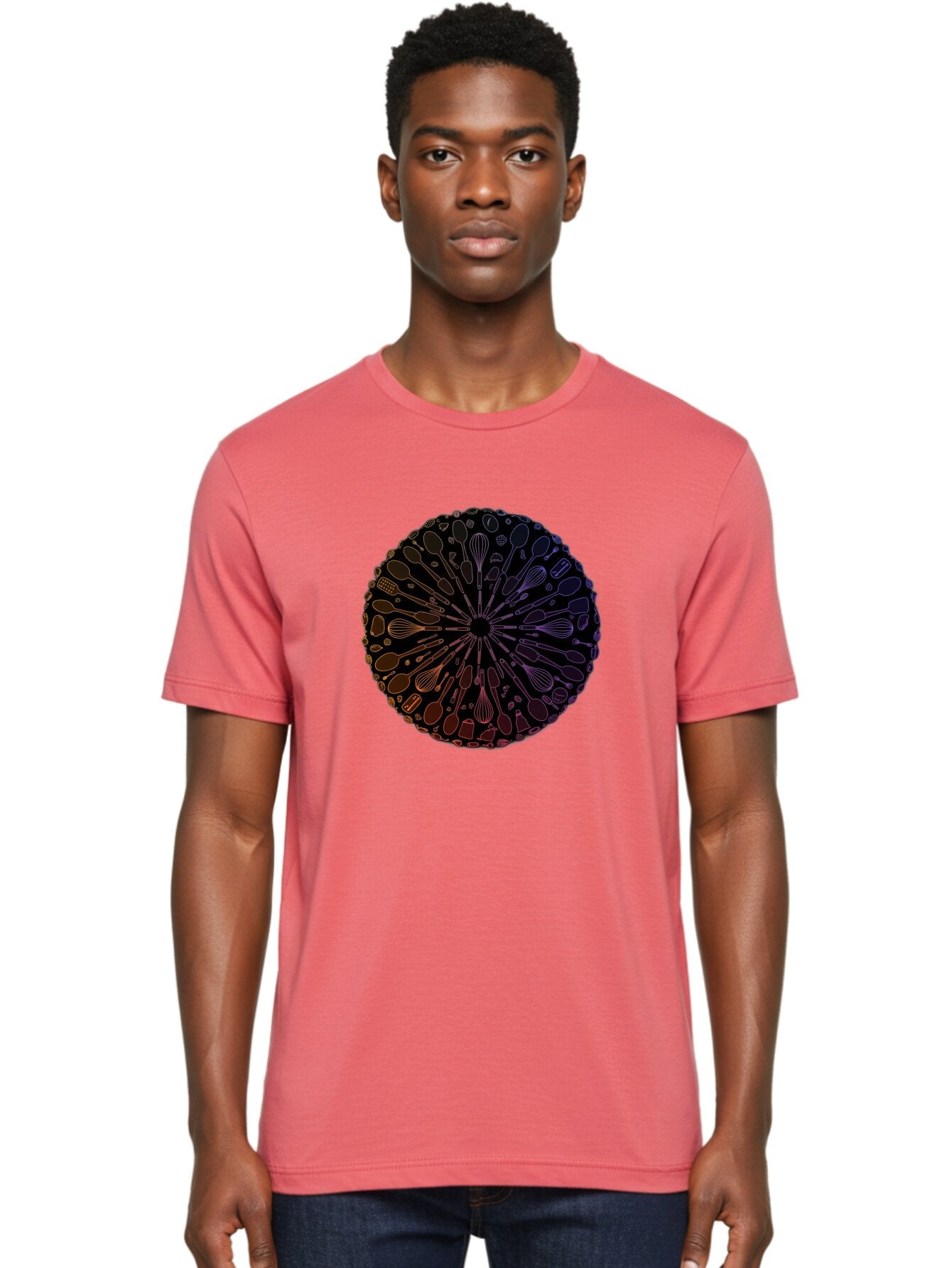 Kitchen-Utensils-Mandala Men'S Graphic Tee, 100% Cotton, Comfortable Casual Summer Wear, Machine Washable, Kitchen Utensils, Cooking Tools, Mandala Design, Colorful Gradient, Spoons, Whisks, Spatulas, Pastry Brushes, Food Preparation, Bad253 29