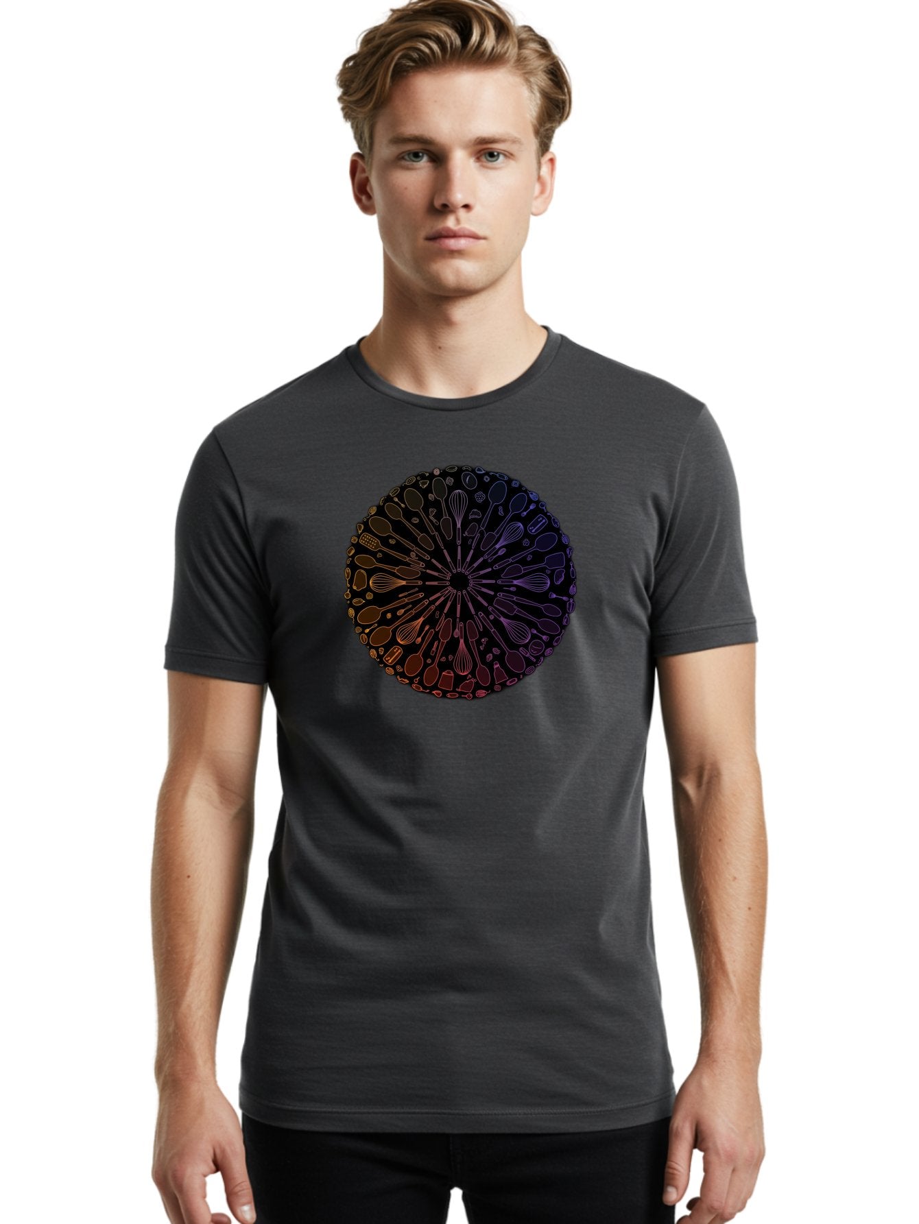 Kitchen-Utensils-Mandala Men'S Graphic Tee, 100% Cotton, Comfortable Casual Summer Wear, Machine Washable, Kitchen Utensils, Cooking Tools, Mandala Design, Colorful Gradient, Spoons, Whisks, Spatulas, Pastry Brushes, Food Preparation, Bad253 18