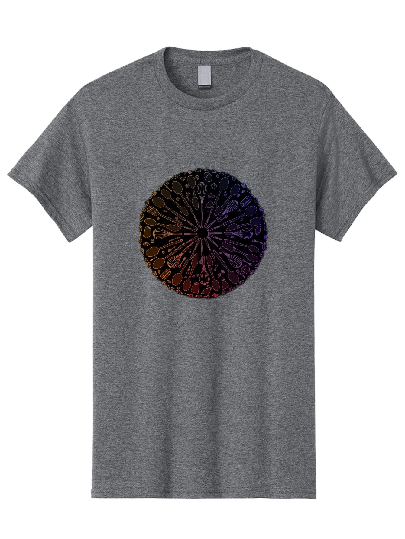 Kitchen-Utensils-Mandala Men'S Graphic Tee, 100% Cotton, Comfortable Casual Summer Wear, Machine Washable, Kitchen Utensils, Cooking Tools, Mandala Design, Colorful Gradient, Spoons, Whisks, Spatulas, Pastry Brushes, Food Preparation, Bad253 5