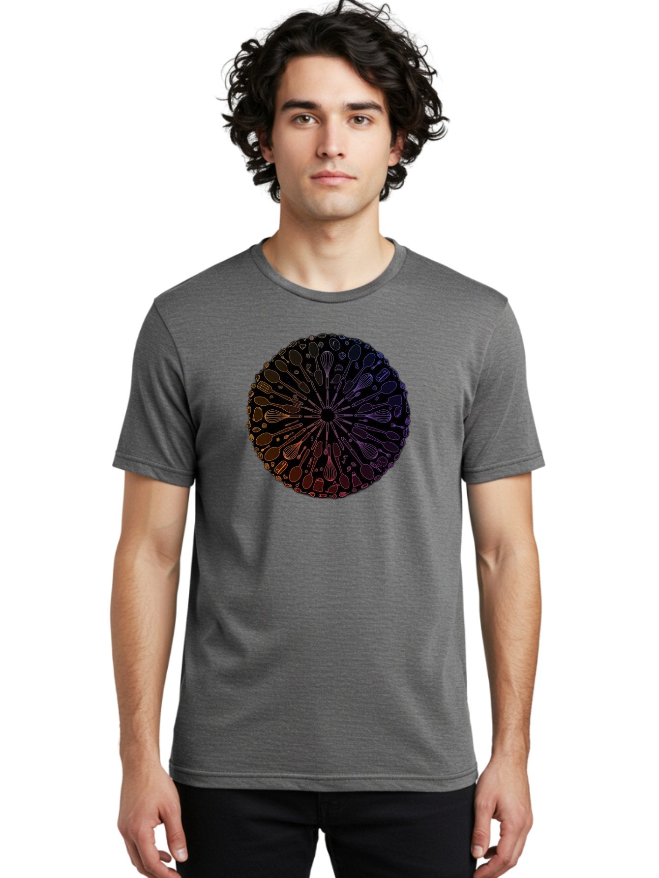 Kitchen-Utensils-Mandala Men'S Graphic Tee, 100% Cotton, Comfortable Casual Summer Wear, Machine Washable, Kitchen Utensils, Cooking Tools, Mandala Design, Colorful Gradient, Spoons, Whisks, Spatulas, Pastry Brushes, Food Preparation, Bad253 23
