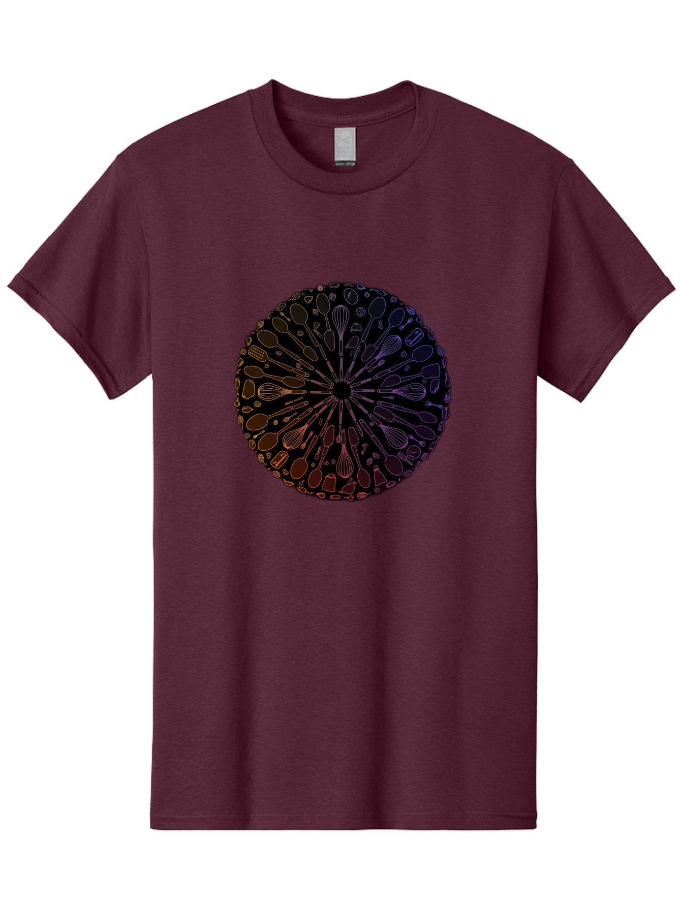 Kitchen-Utensils-Mandala Men'S Graphic Tee, 100% Cotton, Comfortable Casual Summer Wear, Machine Washable, Kitchen Utensils, Cooking Tools, Mandala Design, Colorful Gradient, Spoons, Whisks, Spatulas, Pastry Brushes, Food Preparation, Bad253 9