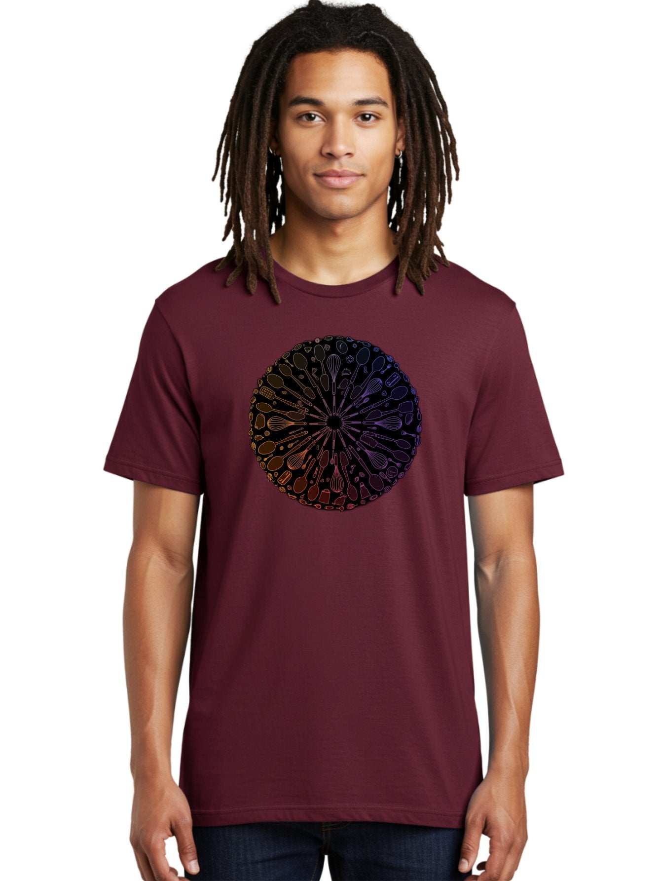 Kitchen-Utensils-Mandala Men'S Graphic Tee, 100% Cotton, Comfortable Casual Summer Wear, Machine Washable, Kitchen Utensils, Cooking Tools, Mandala Design, Colorful Gradient, Spoons, Whisks, Spatulas, Pastry Brushes, Food Preparation, Bad253 26