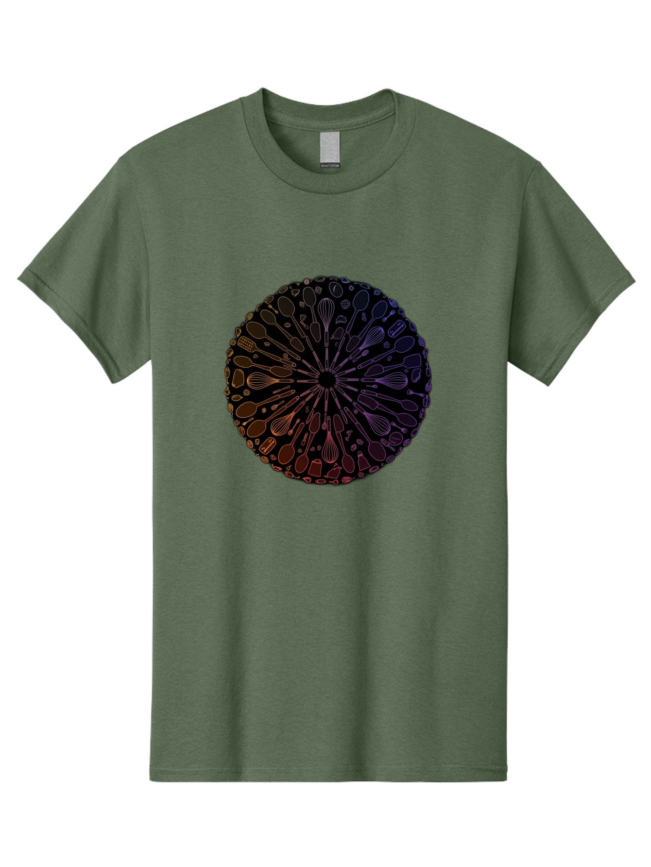 Kitchen-Utensils-Mandala Men'S Graphic Tee, 100% Cotton, Comfortable Casual Summer Wear, Machine Washable, Kitchen Utensils, Cooking Tools, Mandala Design, Colorful Gradient, Spoons, Whisks, Spatulas, Pastry Brushes, Food Preparation, Bad253