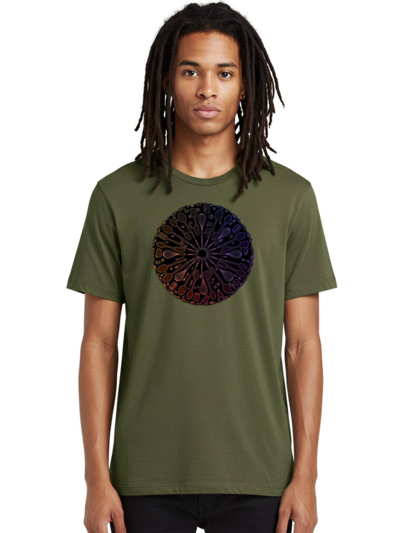 Kitchen-Utensils-Mandala Men'S Graphic Tee, 100% Cotton, Comfortable Casual Summer Wear, Machine Washable, Kitchen Utensils, Cooking Tools, Mandala Design, Colorful Gradient, Spoons, Whisks, Spatulas, Pastry Brushes, Food Preparation, Bad253 21