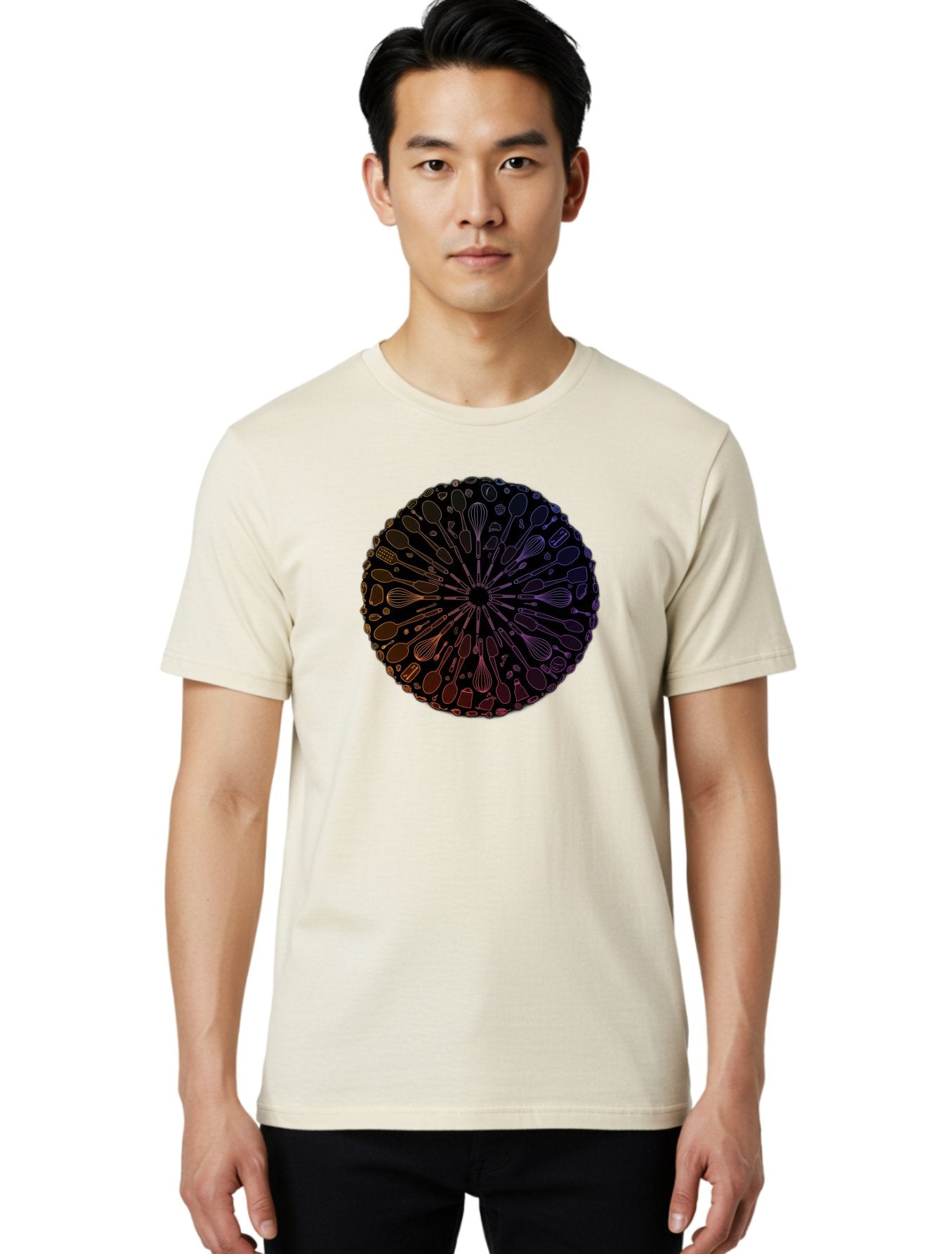 Kitchen-Utensils-Mandala Men'S Graphic Tee, 100% Cotton, Comfortable Casual Summer Wear, Machine Washable, Kitchen Utensils, Cooking Tools, Mandala Design, Colorful Gradient, Spoons, Whisks, Spatulas, Pastry Brushes, Food Preparation, Bad253 27