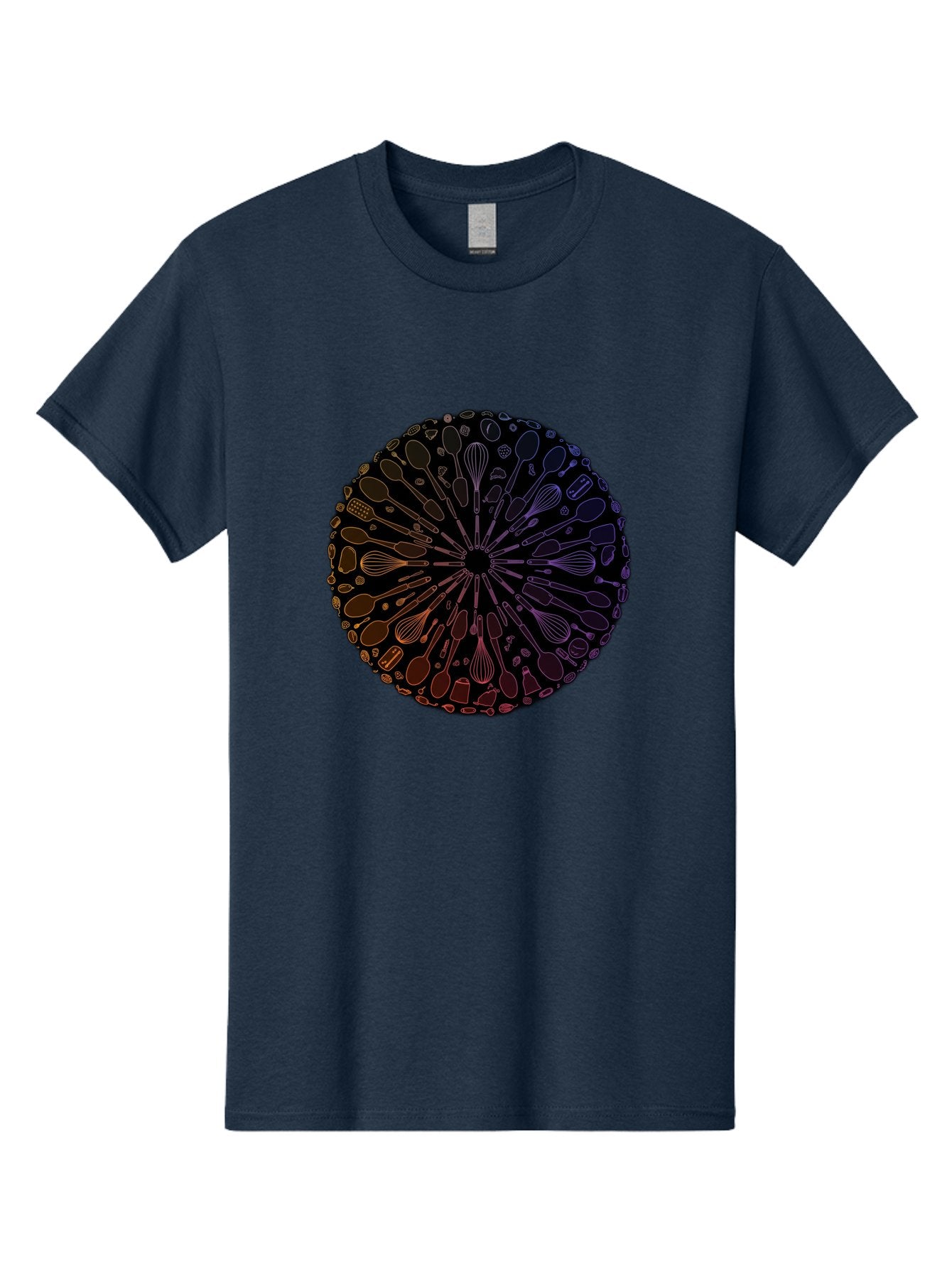 Kitchen-Utensils-Mandala Men'S Graphic Tee, 100% Cotton, Comfortable Casual Summer Wear, Machine Washable, Kitchen Utensils, Cooking Tools, Mandala Design, Colorful Gradient, Spoons, Whisks, Spatulas, Pastry Brushes, Food Preparation, Bad253