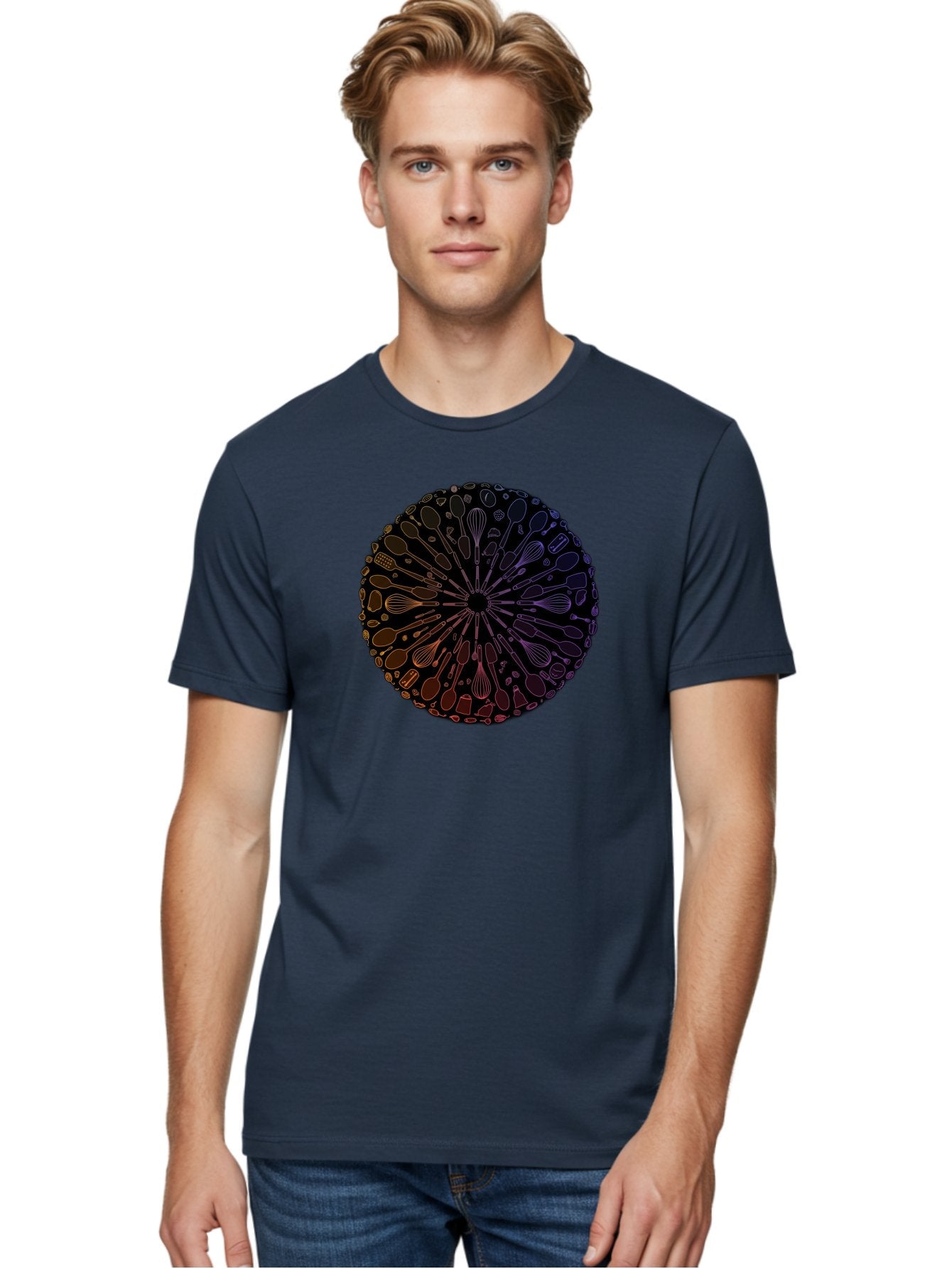 Kitchen-Utensils-Mandala Men'S Graphic Tee, 100% Cotton, Comfortable Casual Summer Wear, Machine Washable, Kitchen Utensils, Cooking Tools, Mandala Design, Colorful Gradient, Spoons, Whisks, Spatulas, Pastry Brushes, Food Preparation, Bad253 19