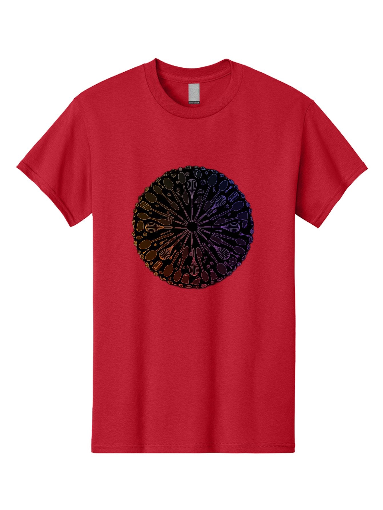 Kitchen-Utensils-Mandala Men'S Graphic Tee, 100% Cotton, Comfortable Casual Summer Wear, Machine Washable, Kitchen Utensils, Cooking Tools, Mandala Design, Colorful Gradient, Spoons, Whisks, Spatulas, Pastry Brushes, Food Preparation, Bad253 3