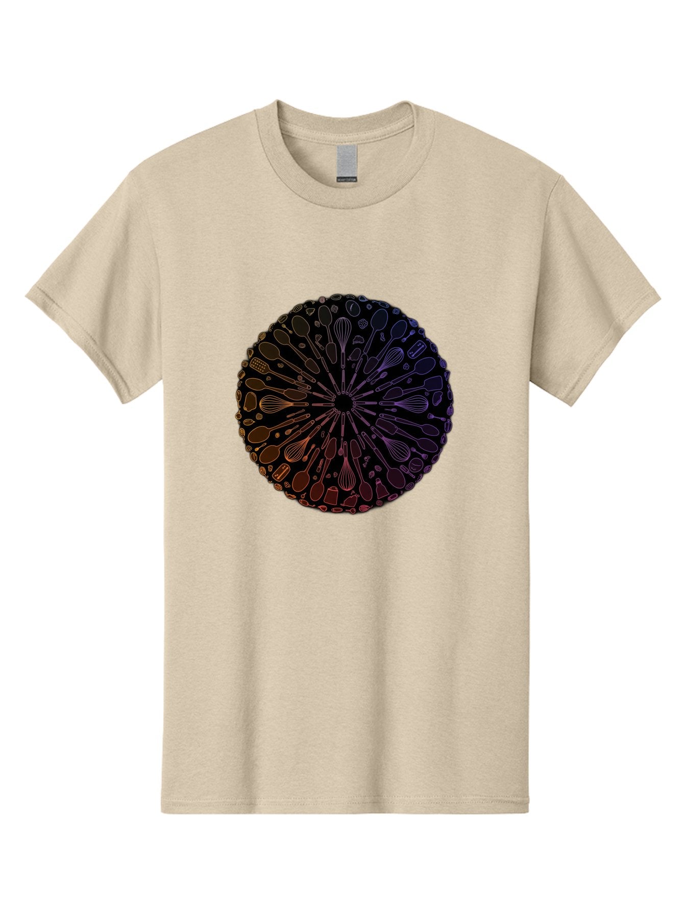 Kitchen-Utensils-Mandala Men'S Graphic Tee, 100% Cotton, Comfortable Casual Summer Wear, Machine Washable, Kitchen Utensils, Cooking Tools, Mandala Design, Colorful Gradient, Spoons, Whisks, Spatulas, Pastry Brushes, Food Preparation, Bad253 7