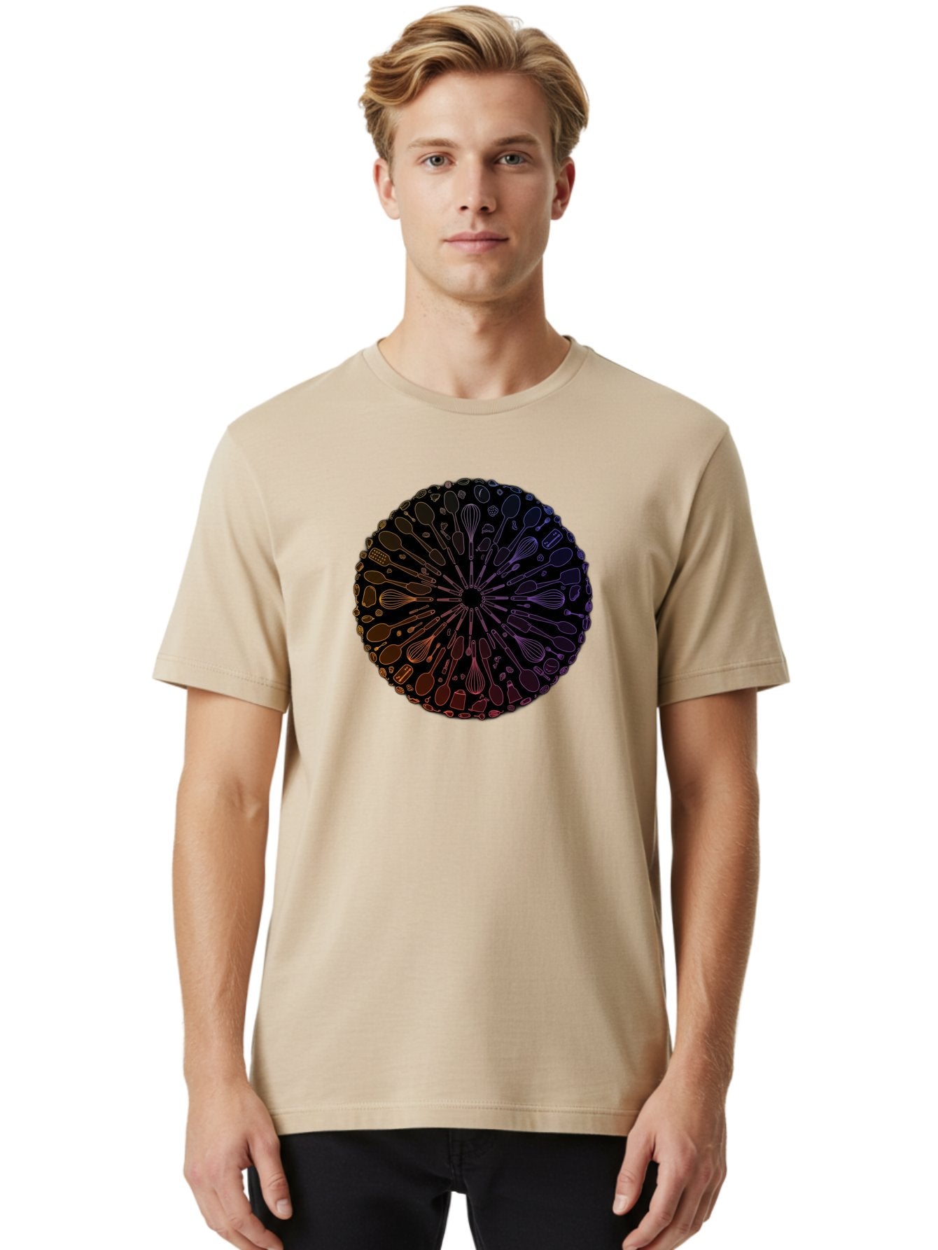 Kitchen-Utensils-Mandala Men'S Graphic Tee, 100% Cotton, Comfortable Casual Summer Wear, Machine Washable, Kitchen Utensils, Cooking Tools, Mandala Design, Colorful Gradient, Spoons, Whisks, Spatulas, Pastry Brushes, Food Preparation, Bad253 16
