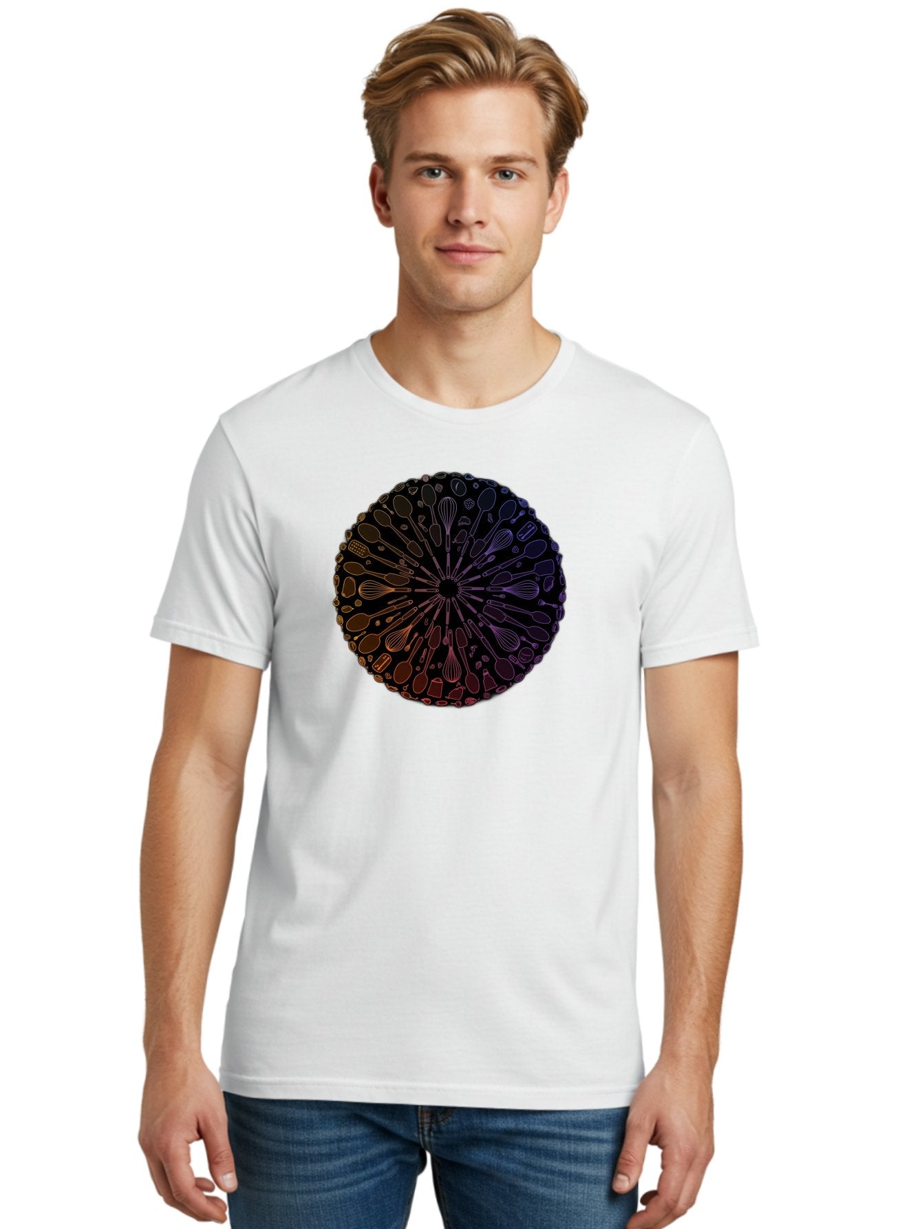 Kitchen-Utensils-Mandala Men'S Graphic Tee, 100% Cotton, Comfortable Casual Summer Wear, Machine Washable, Kitchen Utensils, Cooking Tools, Mandala Design, Colorful Gradient, Spoons, Whisks, Spatulas, Pastry Brushes, Food Preparation, Bad253 17