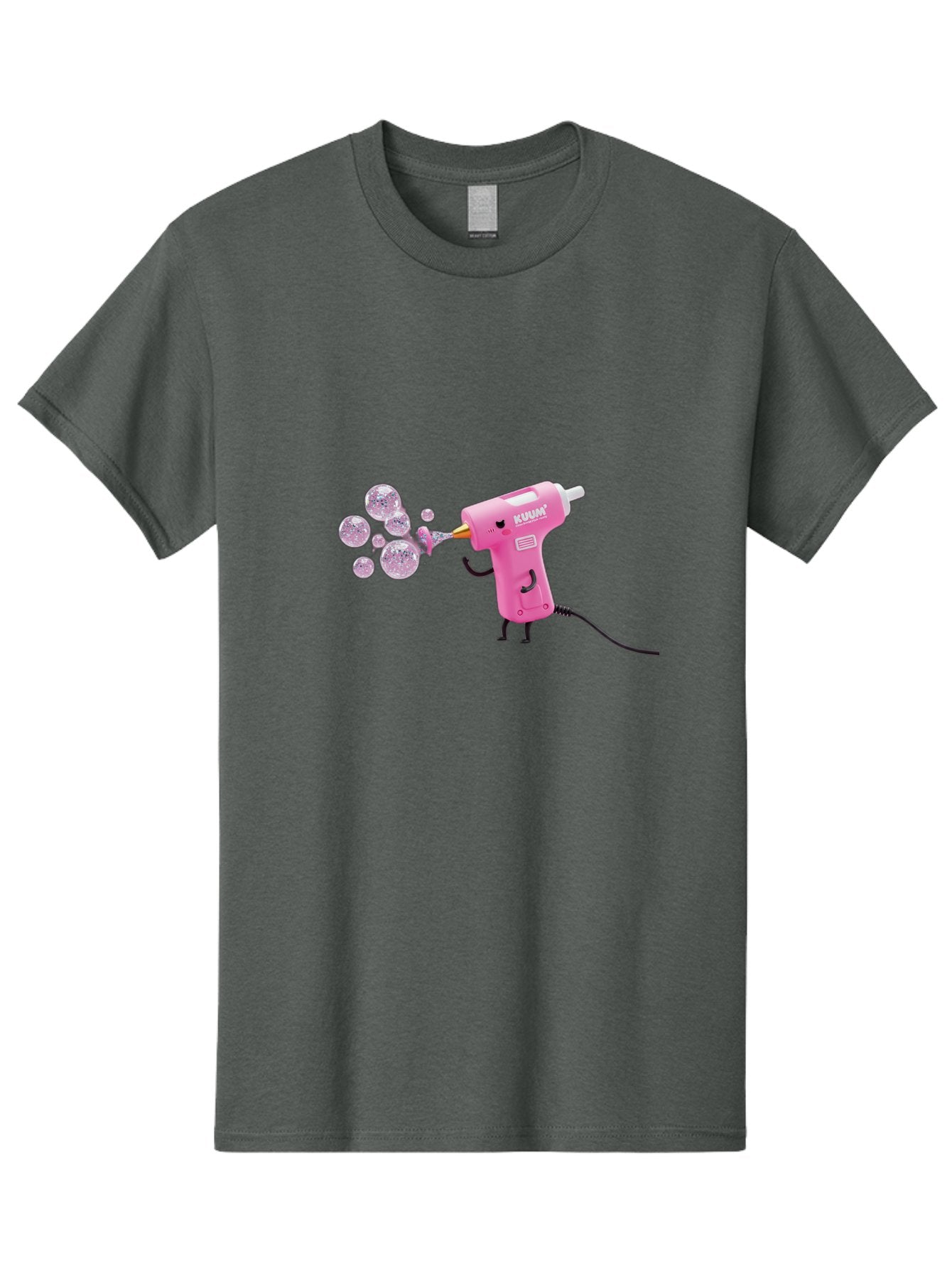 Kunan-Hot-Glue-Gun Men'S Graphic Tee, 100% Cotton, Comfortable Casual Summer Wear, Machine Washable, Hot Glue Gun Blowing Bubbles, Pink Power Tool, Kunan Brand, Cartoon Character, Creative Tool, Diy Craft, Whimsical Illustration, Fun Design, Bad254 5
