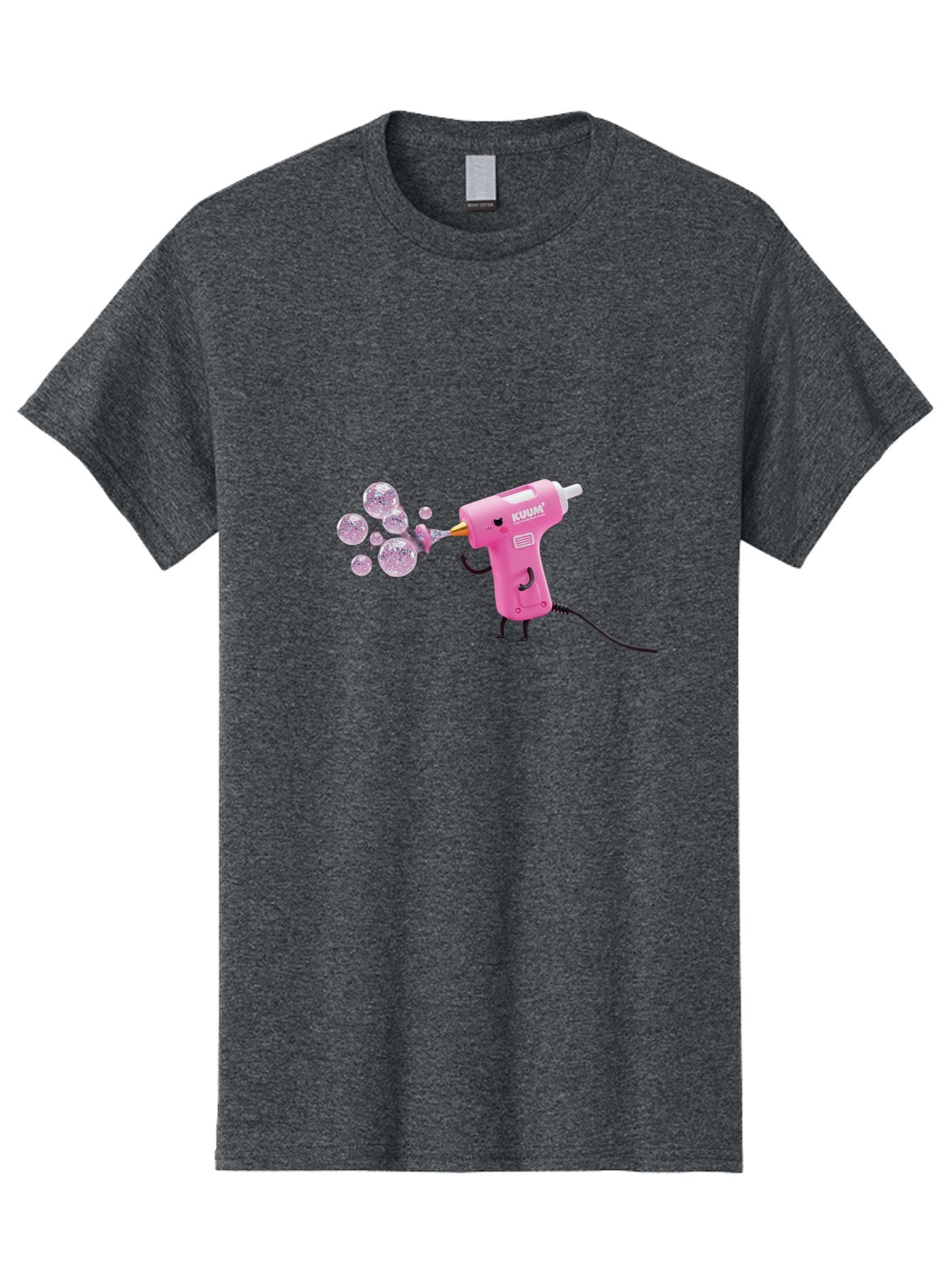 Kunan-Hot-Glue-Gun Men'S Graphic Tee, 100% Cotton, Comfortable Casual Summer Wear, Machine Washable, Hot Glue Gun Blowing Bubbles, Pink Power Tool, Kunan Brand, Cartoon Character, Creative Tool, Diy Craft, Whimsical Illustration, Fun Design, Bad254