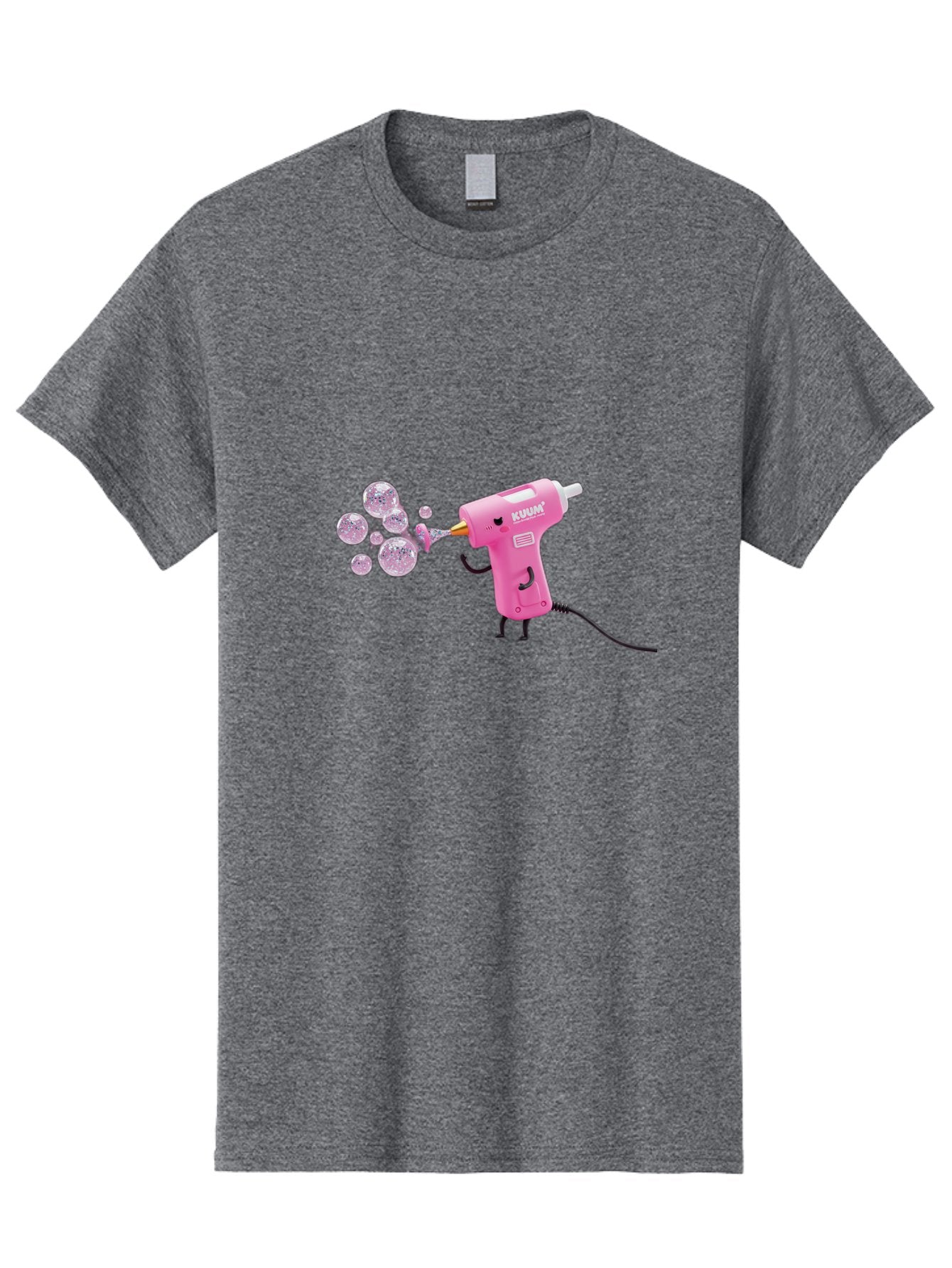 Kunan-Hot-Glue-Gun Men'S Graphic Tee, 100% Cotton, Comfortable Casual Summer Wear, Machine Washable, Hot Glue Gun Blowing Bubbles, Pink Power Tool, Kunan Brand, Cartoon Character, Creative Tool, Diy Craft, Whimsical Illustration, Fun Design, Bad254 10