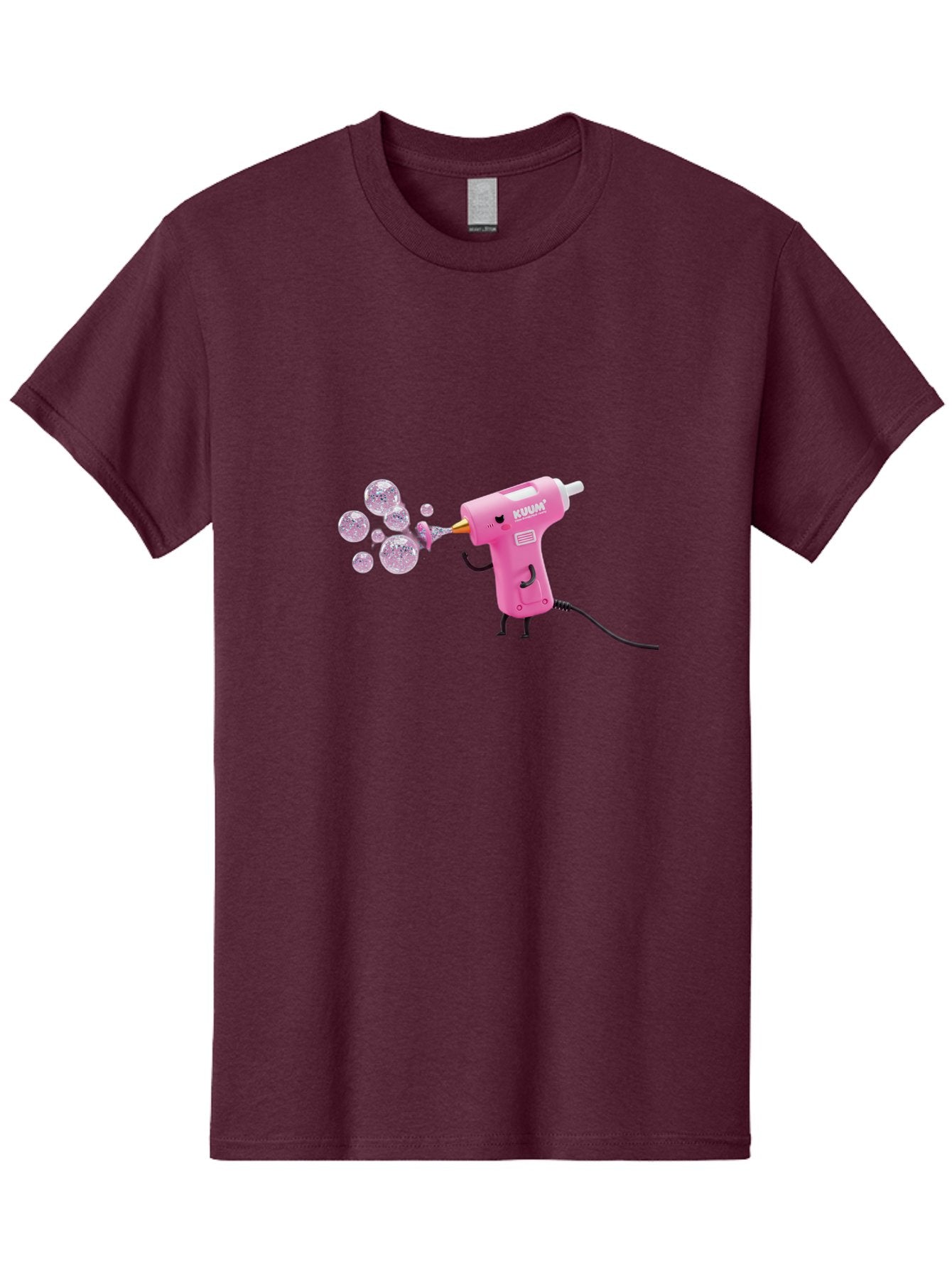 Kunan-Hot-Glue-Gun Men'S Graphic Tee, 100% Cotton, Comfortable Casual Summer Wear, Machine Washable, Hot Glue Gun Blowing Bubbles, Pink Power Tool, Kunan Brand, Cartoon Character, Creative Tool, Diy Craft, Whimsical Illustration, Fun Design, Bad254 12