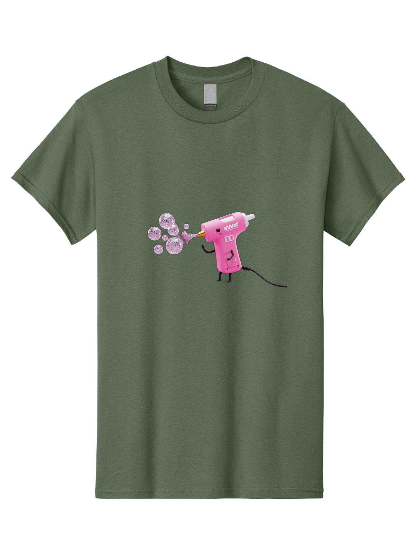 Kunan-Hot-Glue-Gun Men'S Graphic Tee, 100% Cotton, Comfortable Casual Summer Wear, Machine Washable, Hot Glue Gun Blowing Bubbles, Pink Power Tool, Kunan Brand, Cartoon Character, Creative Tool, Diy Craft, Whimsical Illustration, Fun Design, Bad254 7