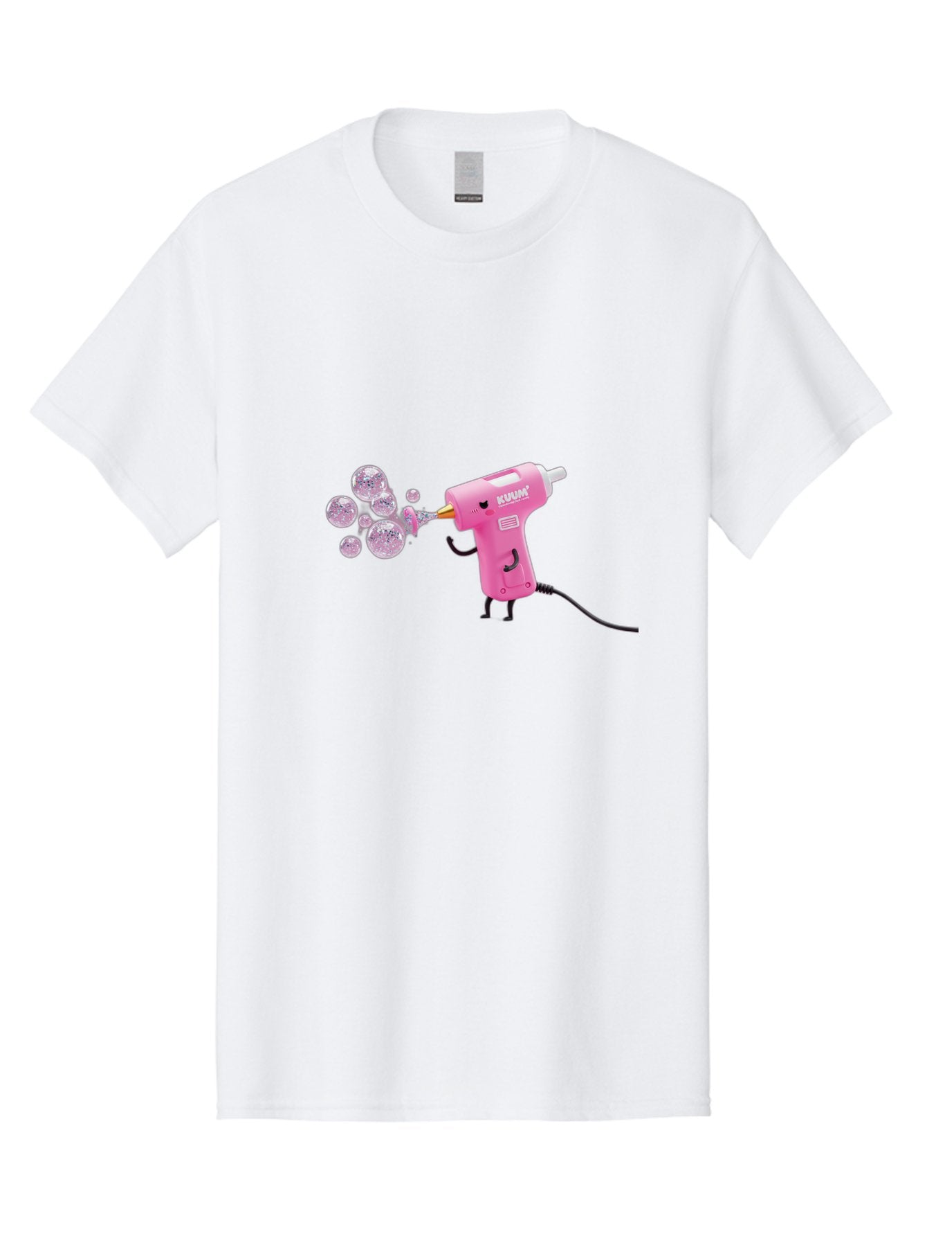 Kunan-Hot-Glue-Gun Men'S Graphic Tee, 100% Cotton, Comfortable Casual Summer Wear, Machine Washable, Hot Glue Gun Blowing Bubbles, Pink Power Tool, Kunan Brand, Cartoon Character, Creative Tool, Diy Craft, Whimsical Illustration, Fun Design, Bad254