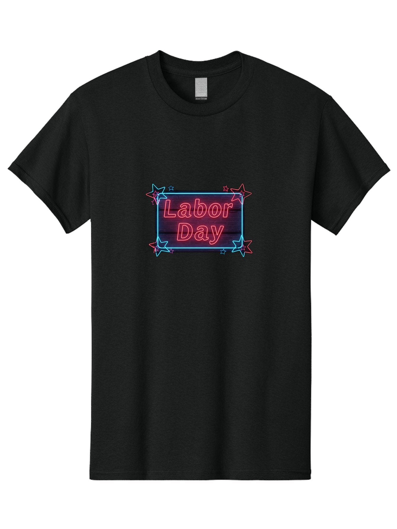 Labor-Day-5 Men'S Graphic Tee, 100% Cotton, Comfortable Casual Summer Wear, Machine Washable, Labor Day Graphic, Neon Sign, Red Neon Lights, Star Decorations, Festive Design, Holiday Theme, Patriotic Celebration, Blue Outline Bad261