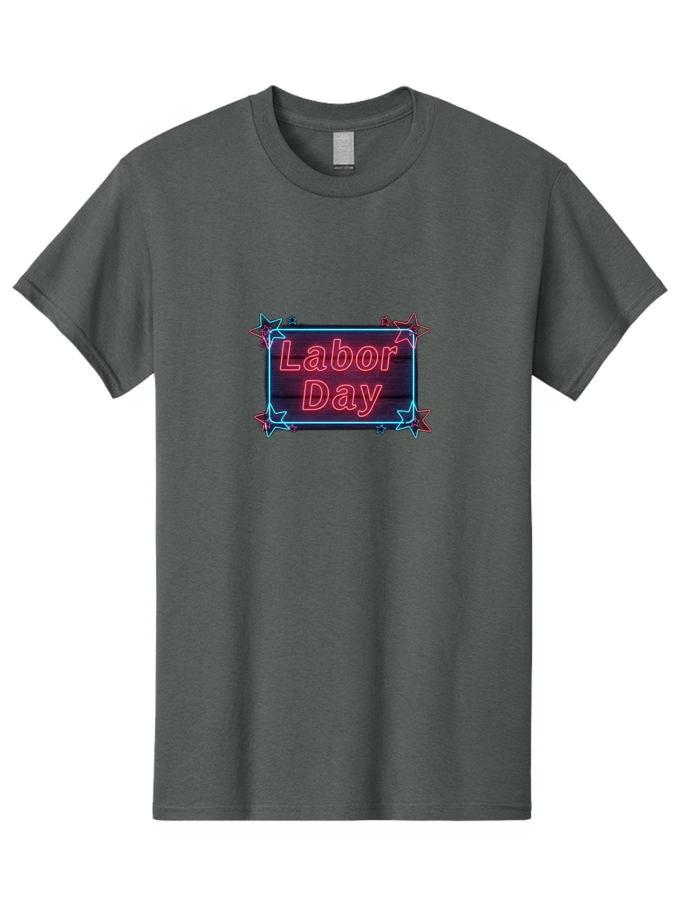 Labor-Day-5 Men'S Graphic Tee, 100% Cotton, Comfortable Casual Summer Wear, Machine Washable, Labor Day Graphic, Neon Sign, Red Neon Lights, Star Decorations, Festive Design, Holiday Theme, Patriotic Celebration, Blue Outline Bad261 11