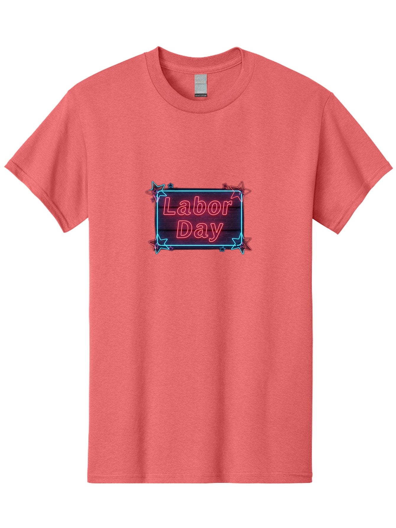 Labor-Day-5 Men'S Graphic Tee, 100% Cotton, Comfortable Casual Summer Wear, Machine Washable, Labor Day Graphic, Neon Sign, Red Neon Lights, Star Decorations, Festive Design, Holiday Theme, Patriotic Celebration, Blue Outline Bad261 7